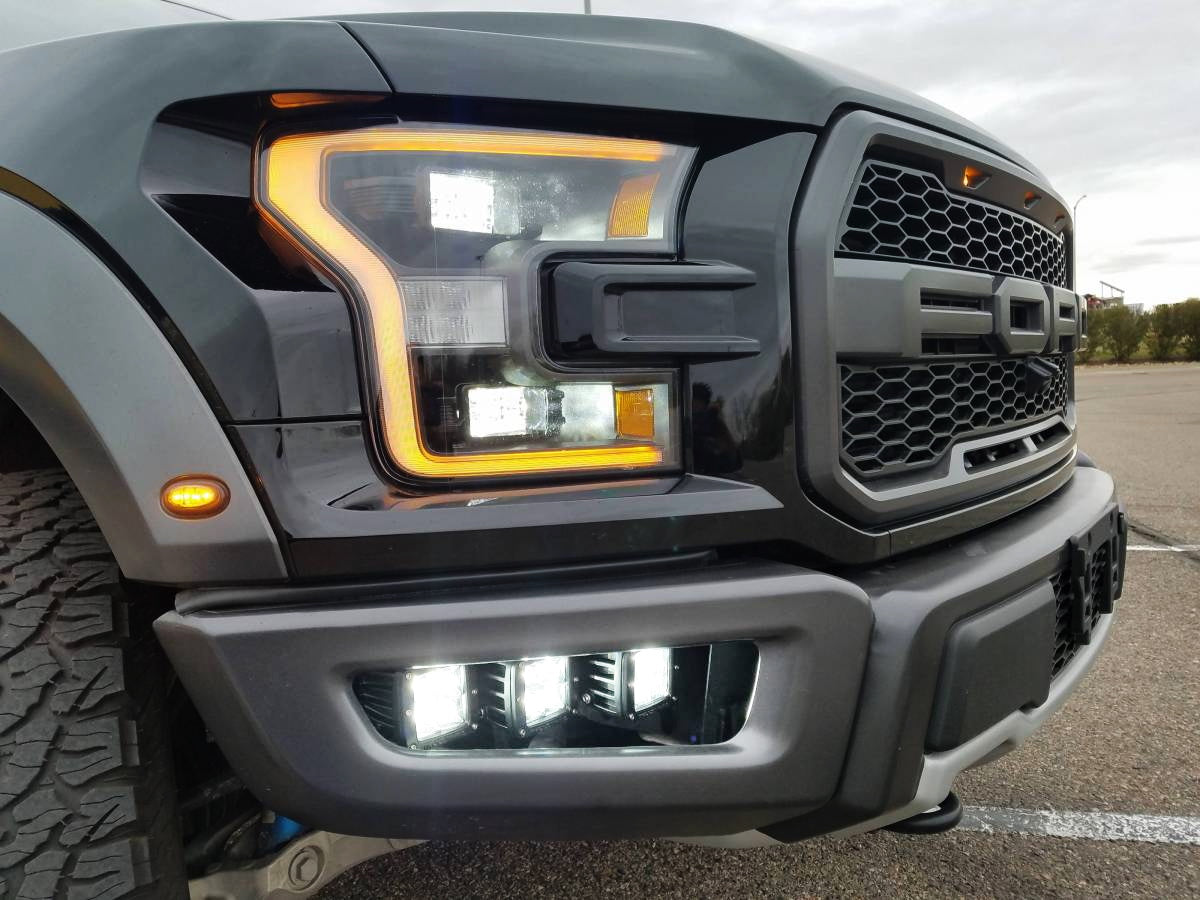 120W Triple LED Fog Light Kit with Lower Bumper Bracket & Wiring Harness - Compatible with 2017-2020 Ford Raptor | Off-Road Adventure, Night Driving, Enhanced Visibility