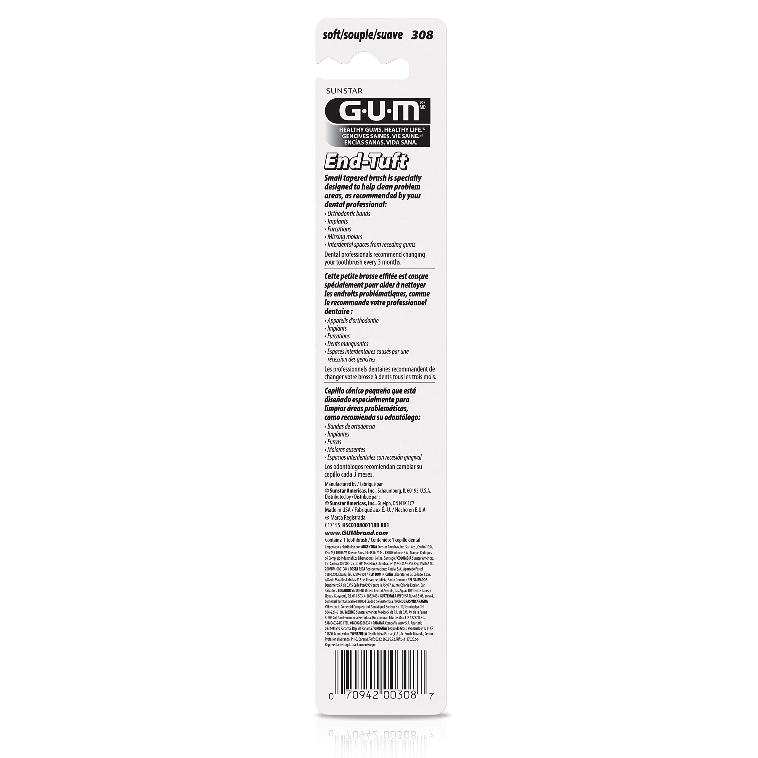 GUM End Tuft Toothbrush - Extra Small Soft Bristle Toothbrush for Hard-to-Reach Areas, Implants, Back Teeth & Wisdom Teeth - Gentle Dental Care for Adults - Pack of 6 - Perfect for Travel, Daily Oral Hygiene & Post-Dental Surgery Care