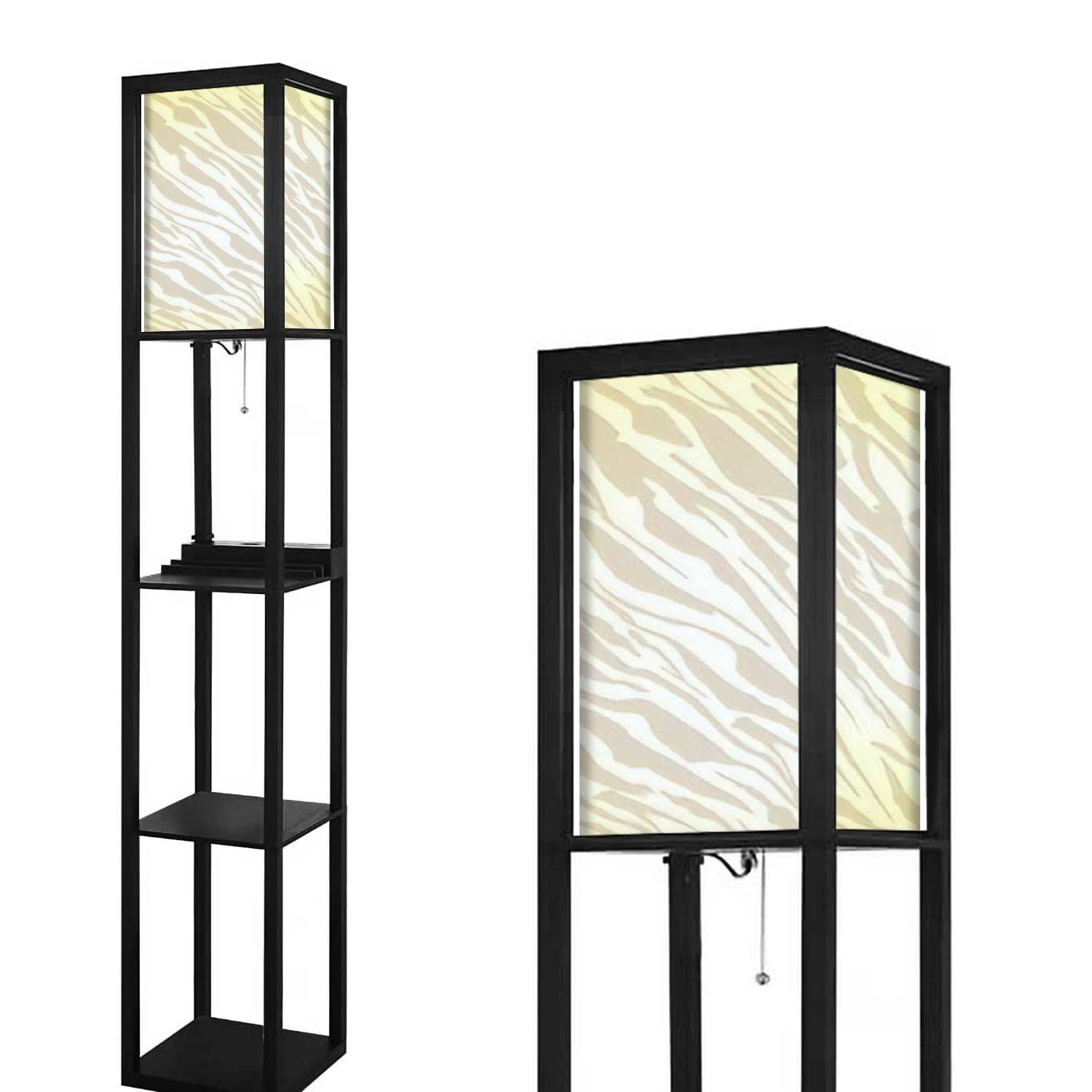 Abstract Modern Zebra Print Floor Lamp with Shelves - African Animal Fur Design, USB Ports & Power Outlet, Linen Fabric Shade - Tall Standing Lamp for Living Room, Bedroom, Office (Perfect for Reading Nook & Home Decor)