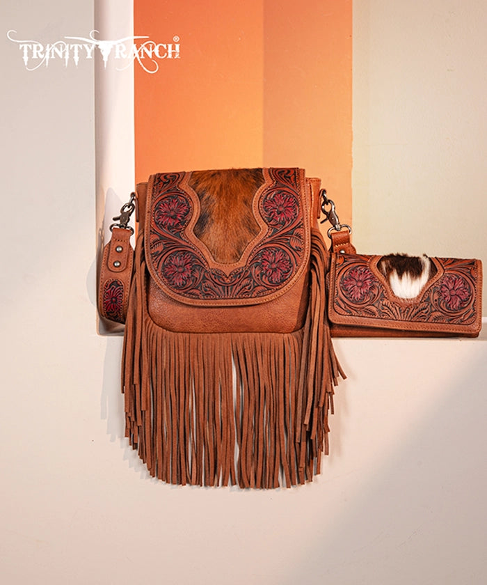 Genuine Hair-On Cowhide Crossbody Bag with Tooled Fringe - Trinity Ranch Western Style Purse for Women | Perfect for Rodeo, Country Concerts & Boho Fashion