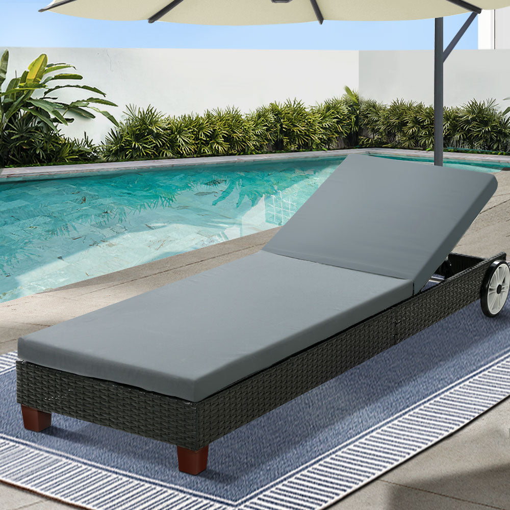 Cassidy Wicker Sun Lounge Chair with Cushion - Black Outdoor Patio Furniture for Poolside, Garden & Backyard Relaxation