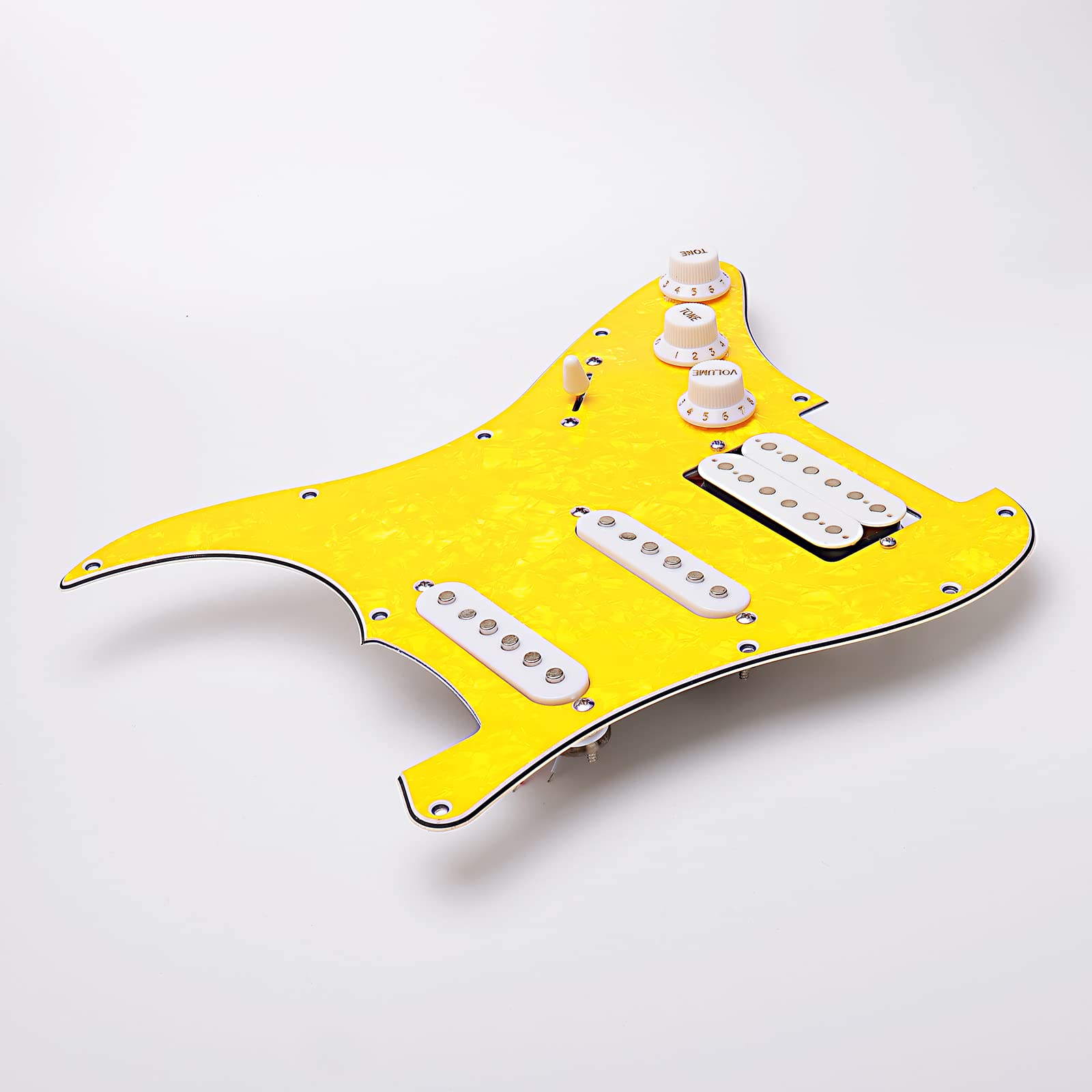 11 Hole Prewired HSH Pickguard Plate with Pickups - 4 Ply Yellow Pearl - Includes Guitar Strings & Installation Tool - Perfect for Electric Guitar Upgrades & DIY Repairs