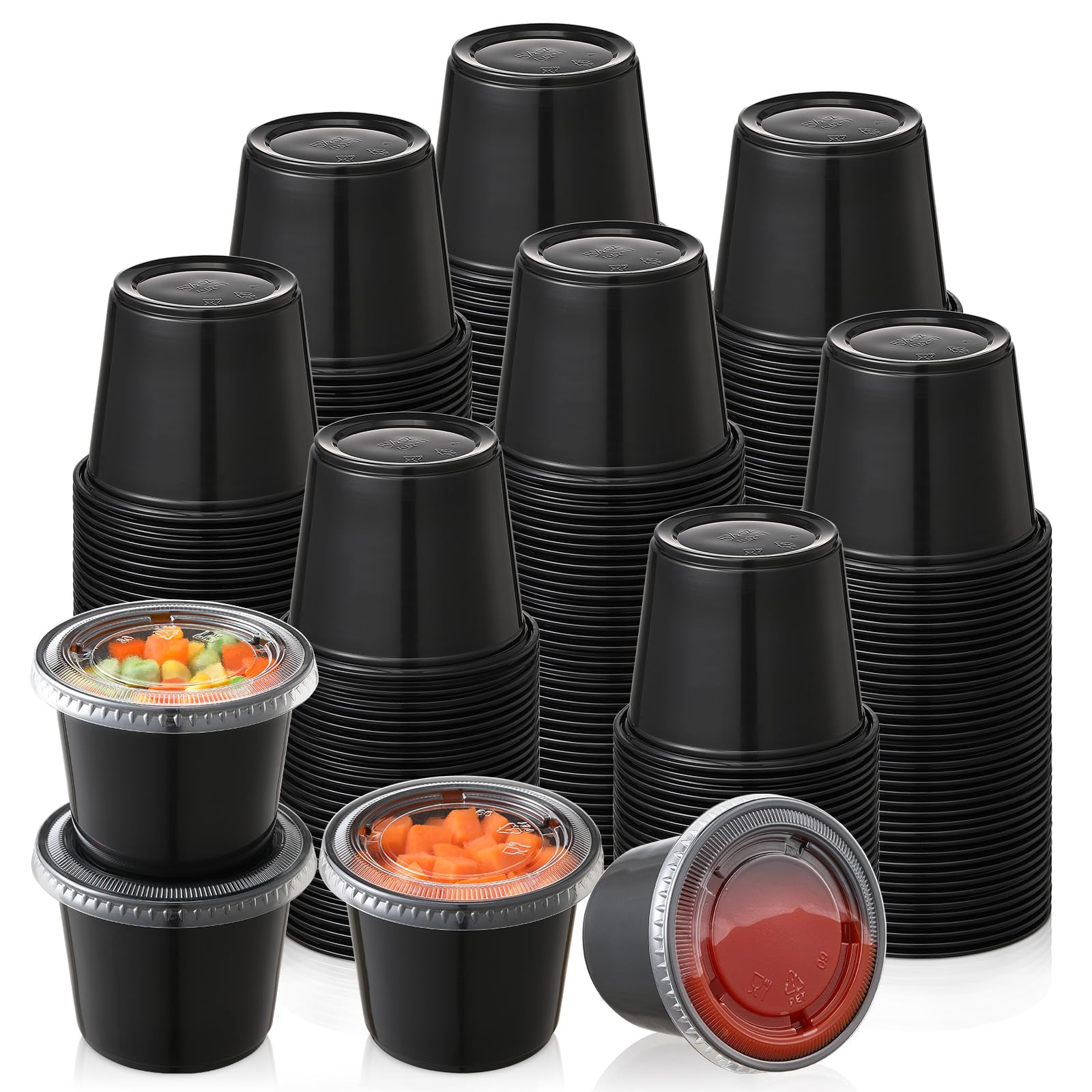 AOZITA 120-Pack 5.5 oz Black Plastic Portion Cups with Lids - Airtight, Stackable Souffle Cups for Salad Dressing, Sauces, Condiments - Perfect for Meal Prep, Parties, Picnics & Travel