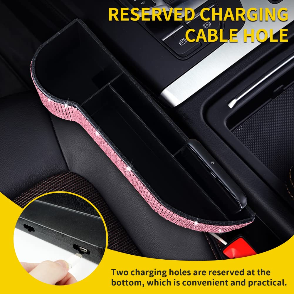 Bling Car Seat Side Drop Filler Organizer - 2-Pack Car Seat Console Storage with Cup Holders & 4-Pack Back Seat Headrest Hooks - Pink Car Accessories for Handbags, Clothes, Coats & Grocery Bags | Perfect for Road Trips, Family Travel & Daily Commutes