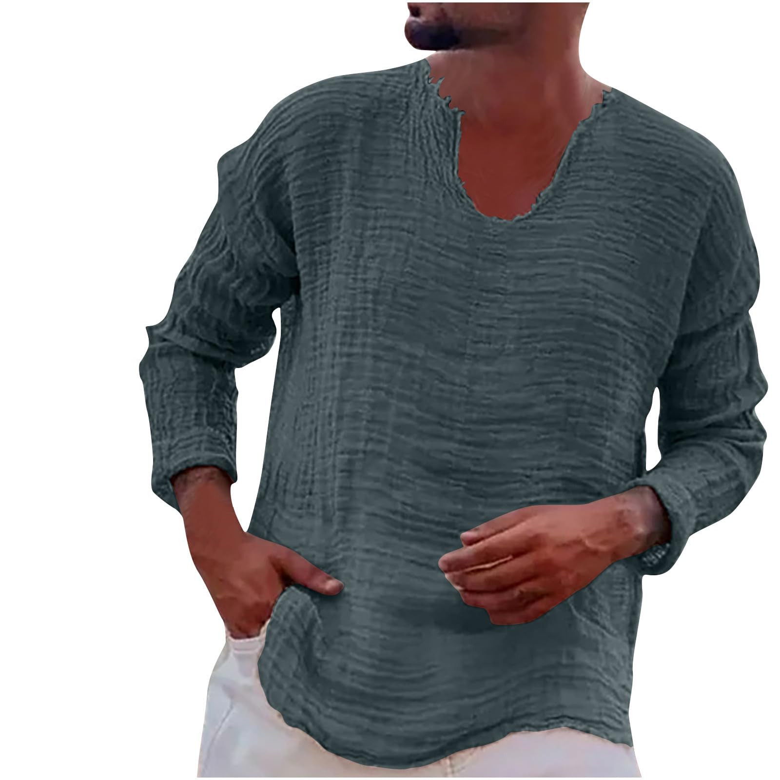 Vintage Men's Cotton Linen Shirt - Long Sleeve V-Neck Distressed T-Shirt for Beach, Yoga & Casual Wear | Hippie Style Comfortable Top for Summer Outfits