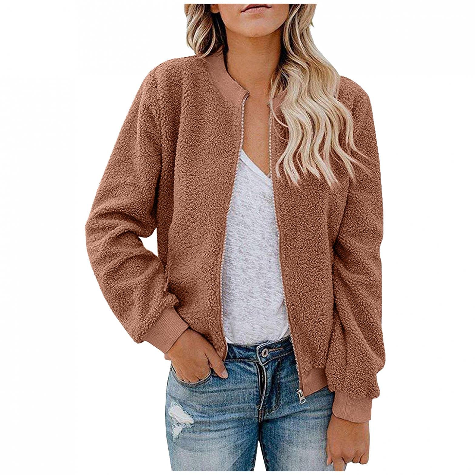 Women's Winter Plush Coat - British Style Casual Warm Zip-Up Jacket with Solid Color & O-Neck for Autumn and Winter | Perfect for Office, Travel, and Daily Wear