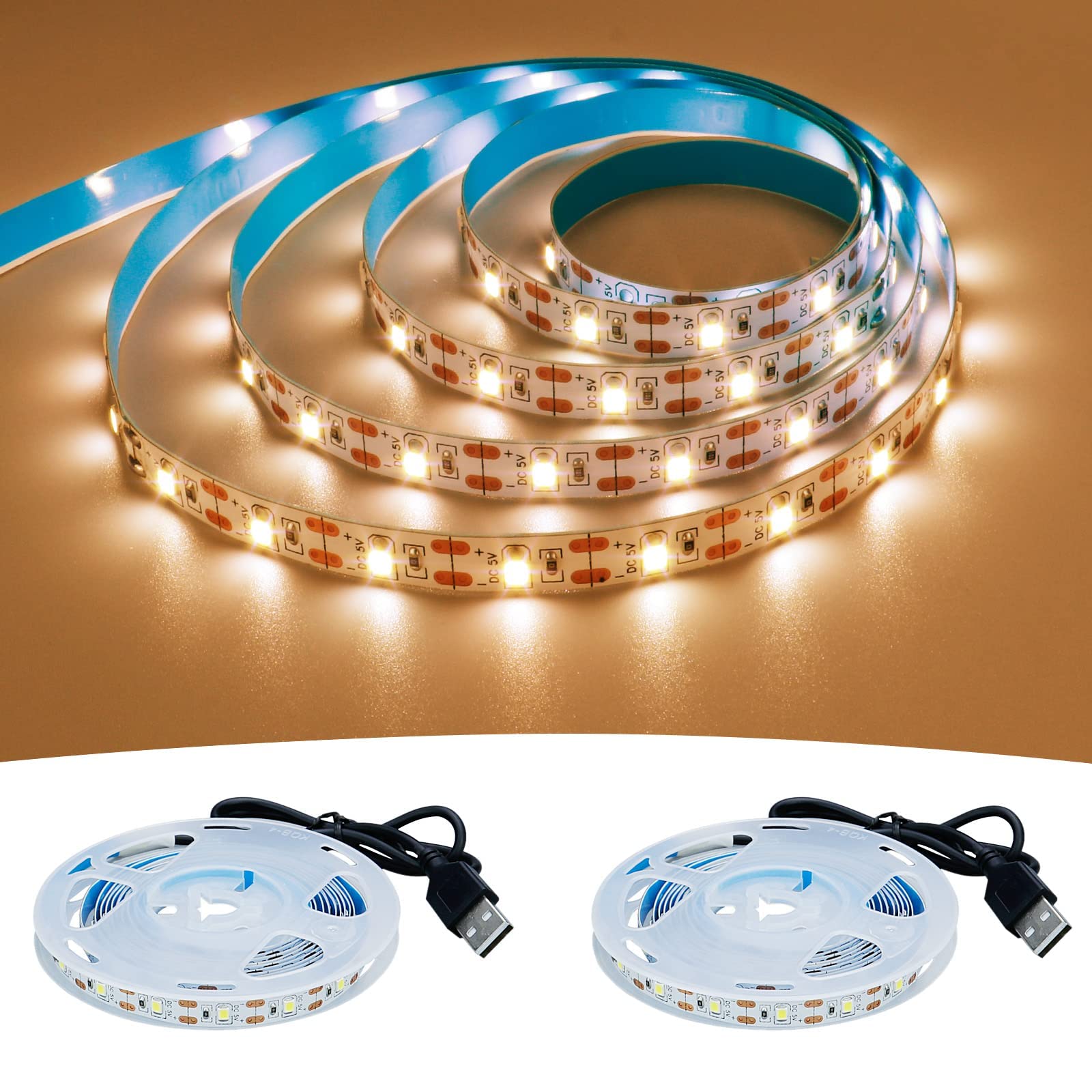 USB LED Strip Light Warm White 3000K - 5V USB Powered, 13.12ft/4M, 240 LEDs, Flexible SMD2835 High Brightness, Non-Waterproof IP20 LED Tape Lights (2pcs x 6.6ft) - Perfect for Bedroom, Kitchen, Home Decor, and DIY Lighting Projects