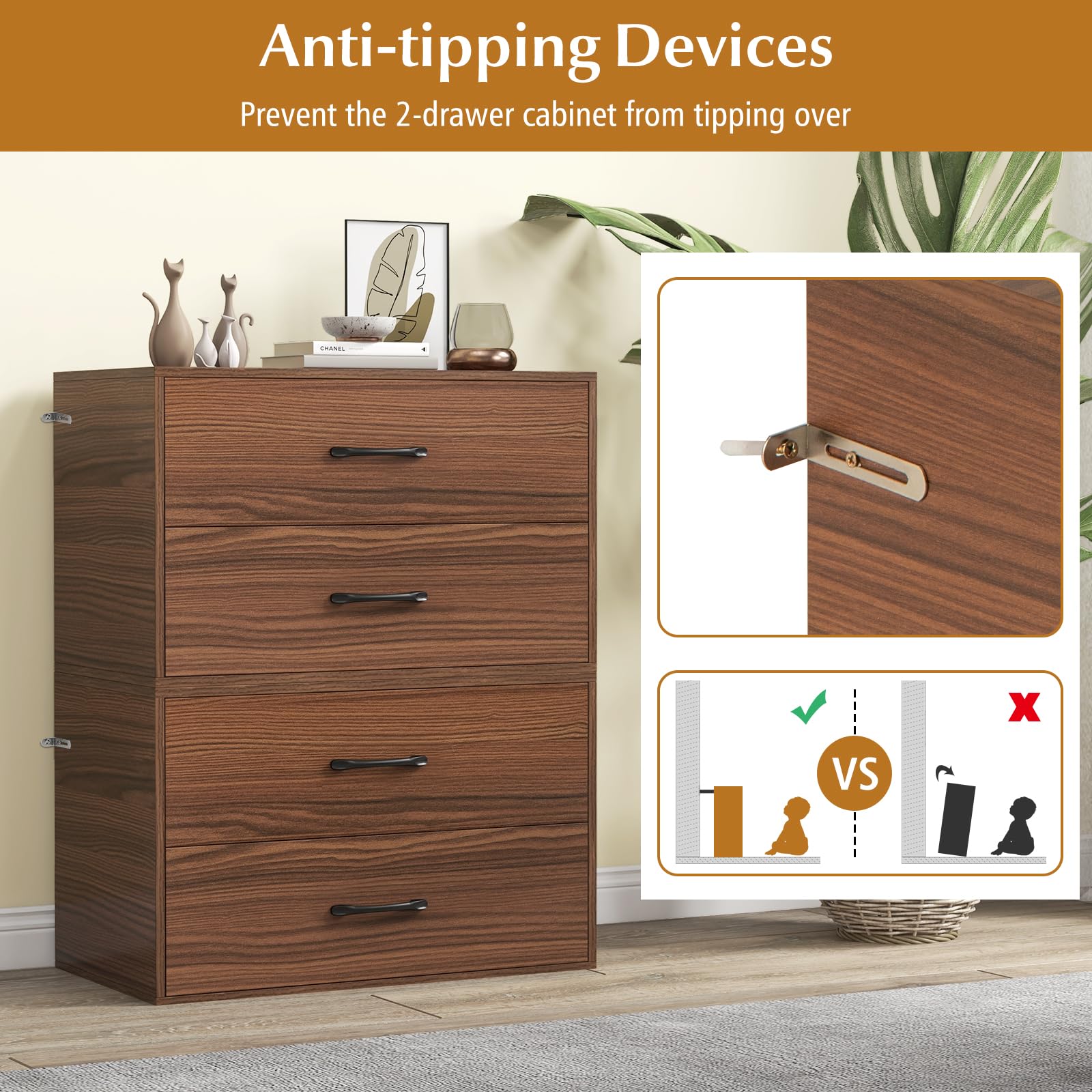 Giantex 2-Drawer Stackable Dresser for Bedroom - Walnut Short Storage Cabinet with Handles & Anti-Tip Safety Device - Perfect for Closet Organization, Small Space Furniture, Nursery or Dorm Room Storage