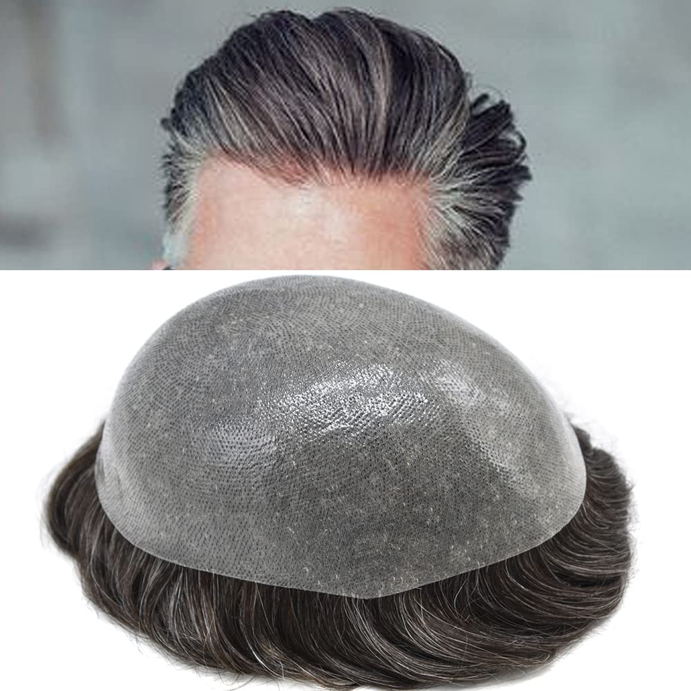 Men's Toupee Hair System - 0.1-0.12mm PU Base with European Remy Human Hair - Natural Looking Hair Replacement for Thinning Hair - 7x9 Size in #230#2 Dark Brown with 30% Synthetic Grey (120% Density) - Perfect for Daily Wear, Special Occasions & Confidence Boosting