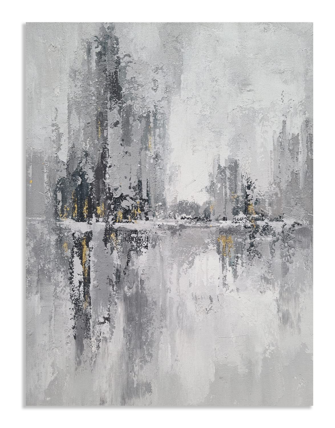 YHSKY ARTS Grey Abstract Oil Painting with Gold Foil - Hand Painted Canvas Wall Art for Living Room, Bedroom & Bathroom Decor - Modern Vertical Cityscape Artwork for Home & Office Interior Design