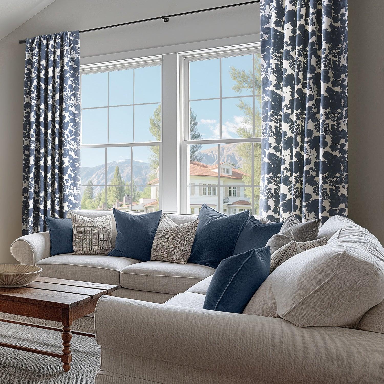 Fleur Blue Floral Printed Cotton Custom Curtains - Elegant Window Treatments for Living Room, Bedroom & Home Decor