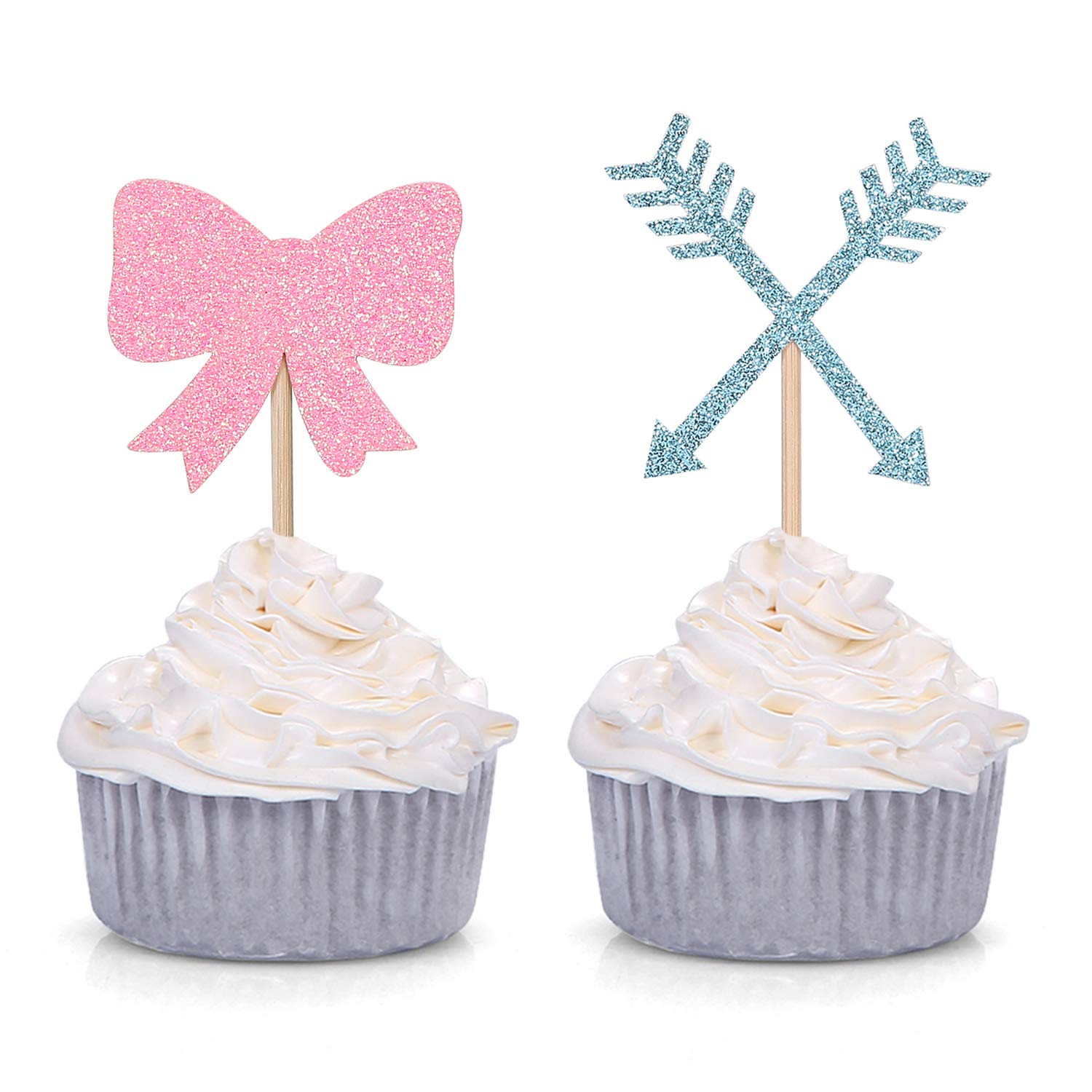 Gender Reveal Party Cupcake Toppers - Bow & Arrow Design - 24pcs Baby Shower Dessert Decorations for Boy or Girl - Perfect for Baby Showers, Birthdays & Gender Reveal Celebrations