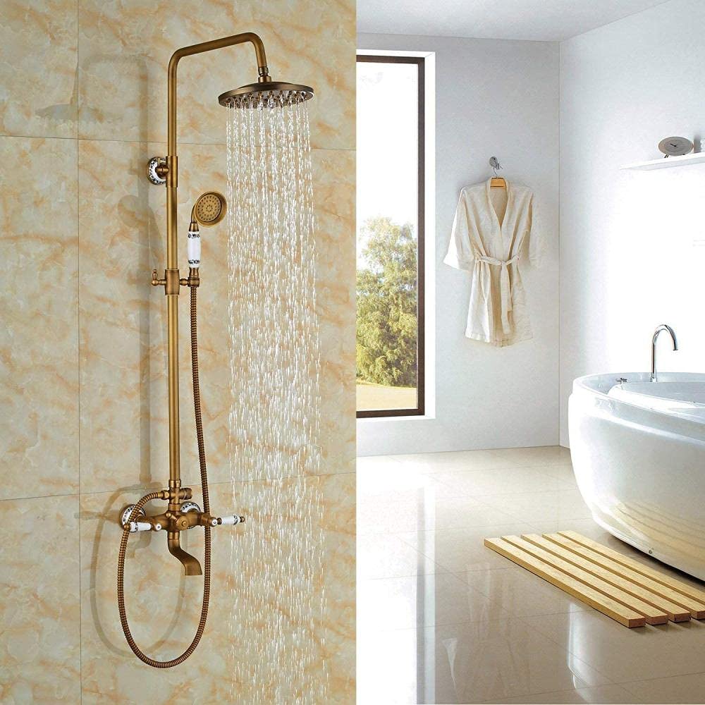 Antique Brass Shower Tap System - 8 Inch Rainfall Shower Head with Ceramic Hand Shower & Tub Spout, Wall Mounted Bathroom Fixture Set with Double Ceramic Handles | Perfect for Modern & Vintage Bathroom Renovations
