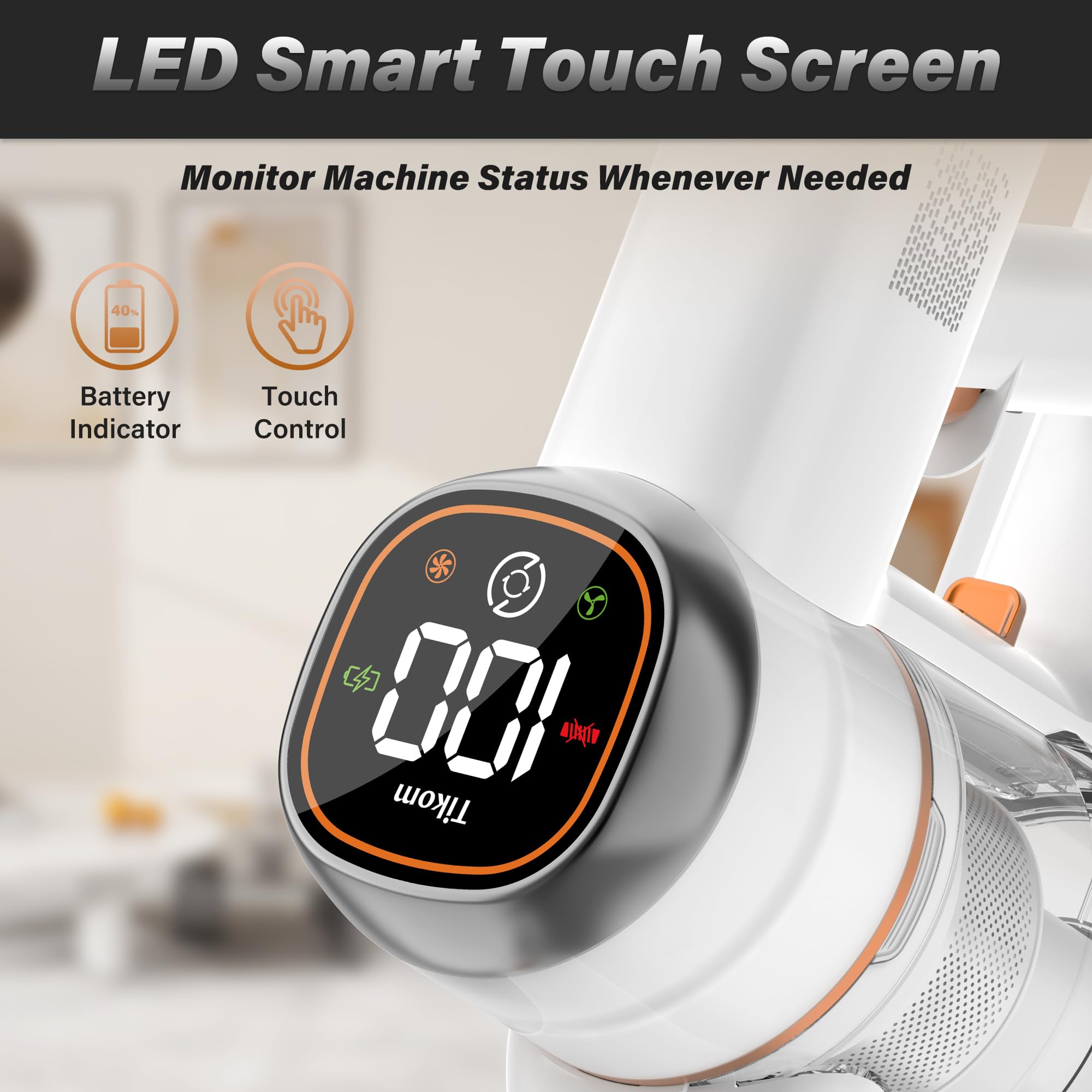 Tikom V500 Cordless Vacuum Cleaner - 40000Pa Powerful Suction, 450W Motor, LED Touch Screen, Wall Mount Charging Dock, Anti-Tangle Brush, Lightweight Handheld for Pet Hair, Hard Floors & Carpets - Perfect for Home Cleaning, Car Detailing & Pet Owners