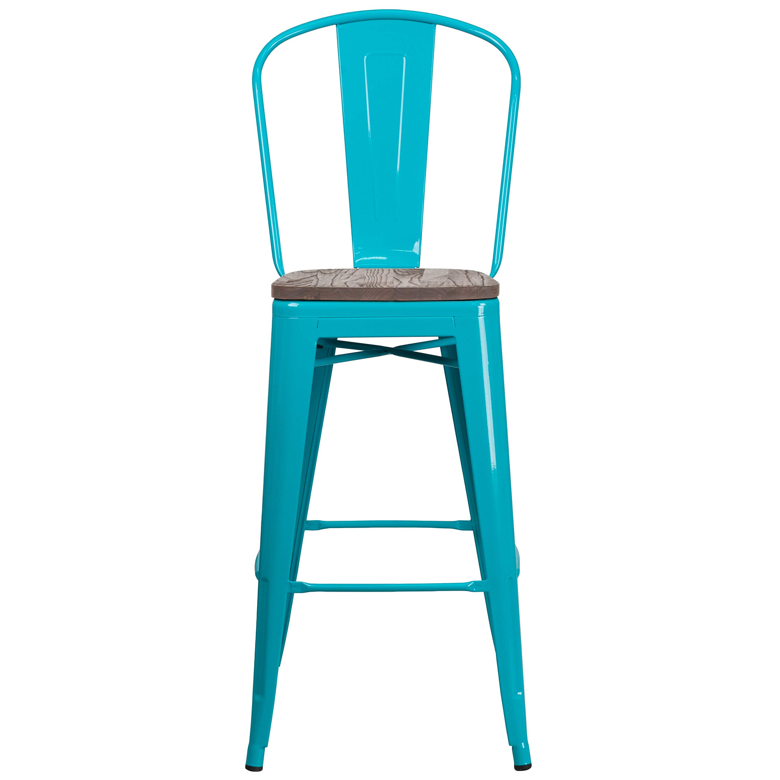EMMA + OLIVER 30 Inch Teal Blue Metal Bar Stool with Wood Seat and Back Support - Perfect for Kitchen Island, Breakfast Nook & Home Bar Decor