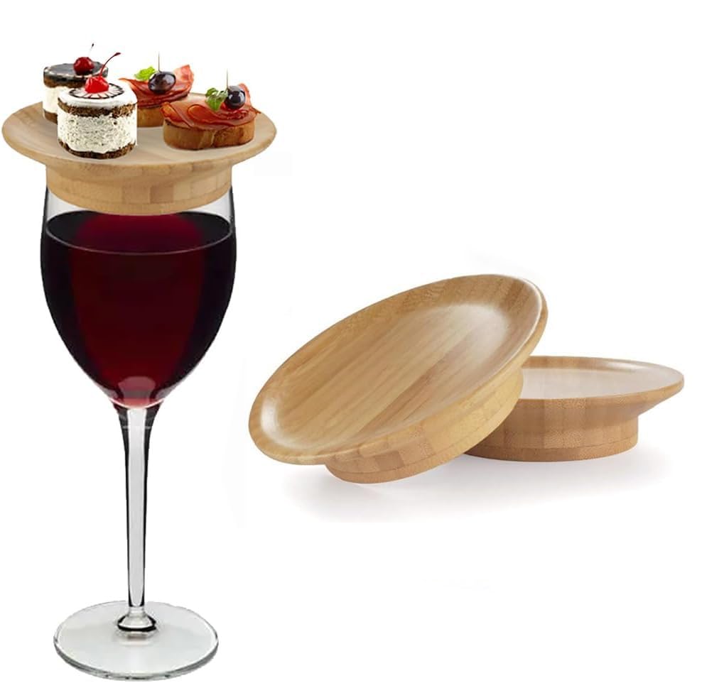 Premium Bamboo Wine Glass Charcuterie Toppers & Coasters Set - 4