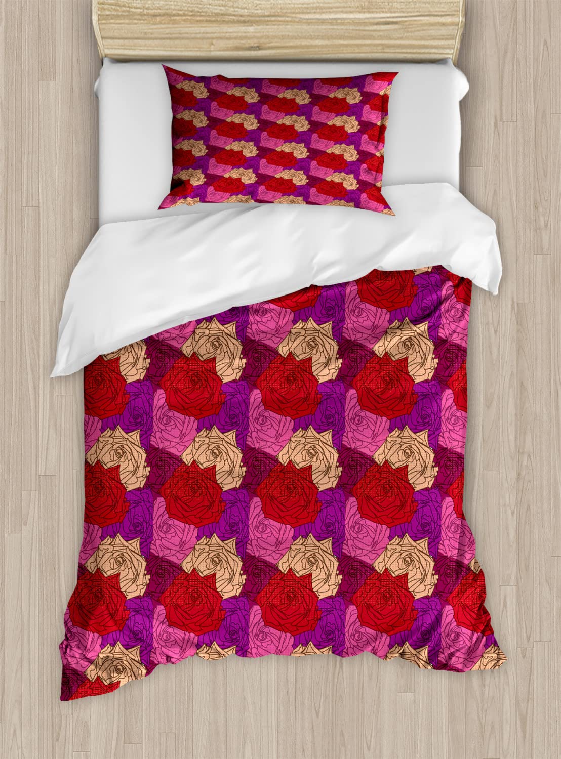 Ambesonne Roses Duvet Cover Set - King Size 2-Pack with 2 Duvet Covers & 4 Pillowcases, Romantic Floral Continuous Pattern with Colorful Roses and Polka Dots, Soft Bedding Set for Master Bedroom, Guest Room or Romantic Getaway