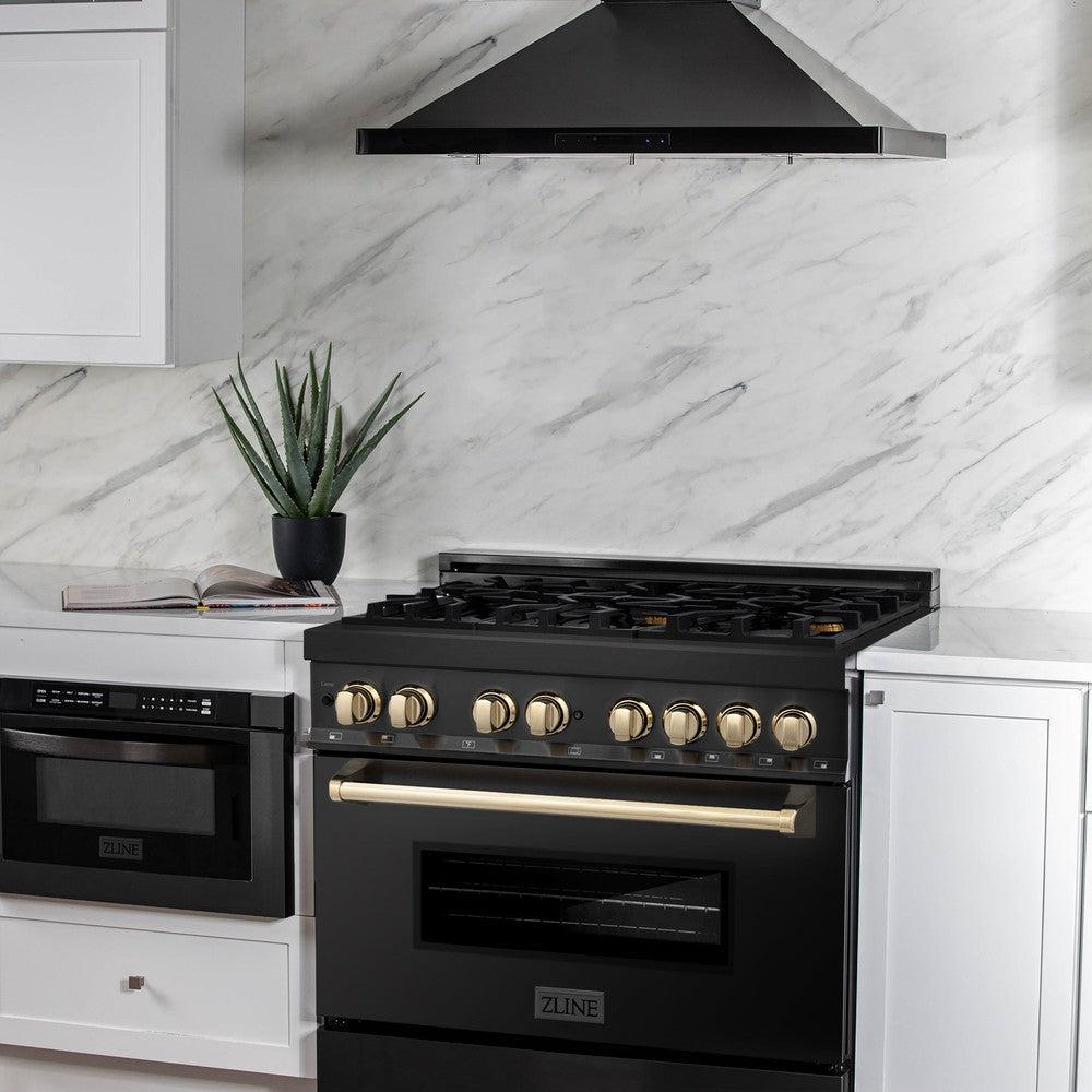 ZLINE RABZ 36 G 36-Inch Dual Fuel Range - 4.6 cu. ft. Black Stainless Steel with Gold Accents - 6 Burner Gas Cooktop & Electric Convection Oven - Professional Kitchen Appliance for Home Chefs & Cooking Enthusiasts