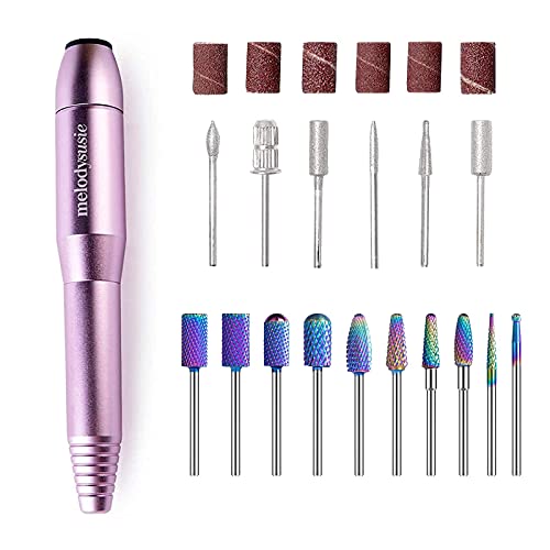 MelodySusie Professional Portable Electric Nail Drill Kit - 10Pcs Tungsten Carbide Bits for Acrylic & Gel Nails | Manicure Pedicure Polishing & Shaping Tools | Compact Efile for Home & Salon Use (Purple)