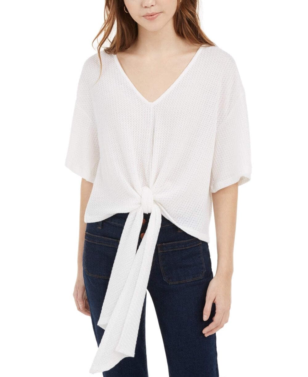 Polly & Esther Junior's Tie Front Waffle Knit Top - Women's Casual White Blouse, X-Small | Perfect for School, Dating & Everyday Wear