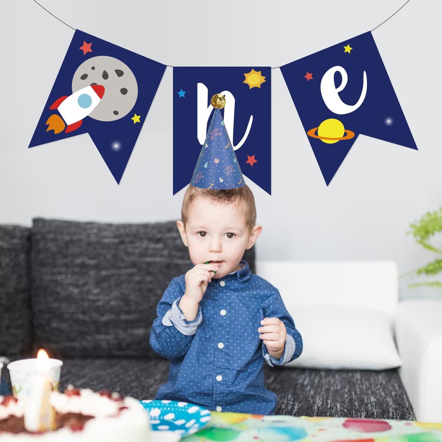 First Birthday Banner & Party Hats - Outer Space Theme 1st Birthday Decorations, High Chair Banner with Planets, Complete Space Party Supplies for Baby's First Trip Around The Sun Celebration | Perfect for Space-Themed Birthday Parties, Baby Showers & Milestone Celebrations