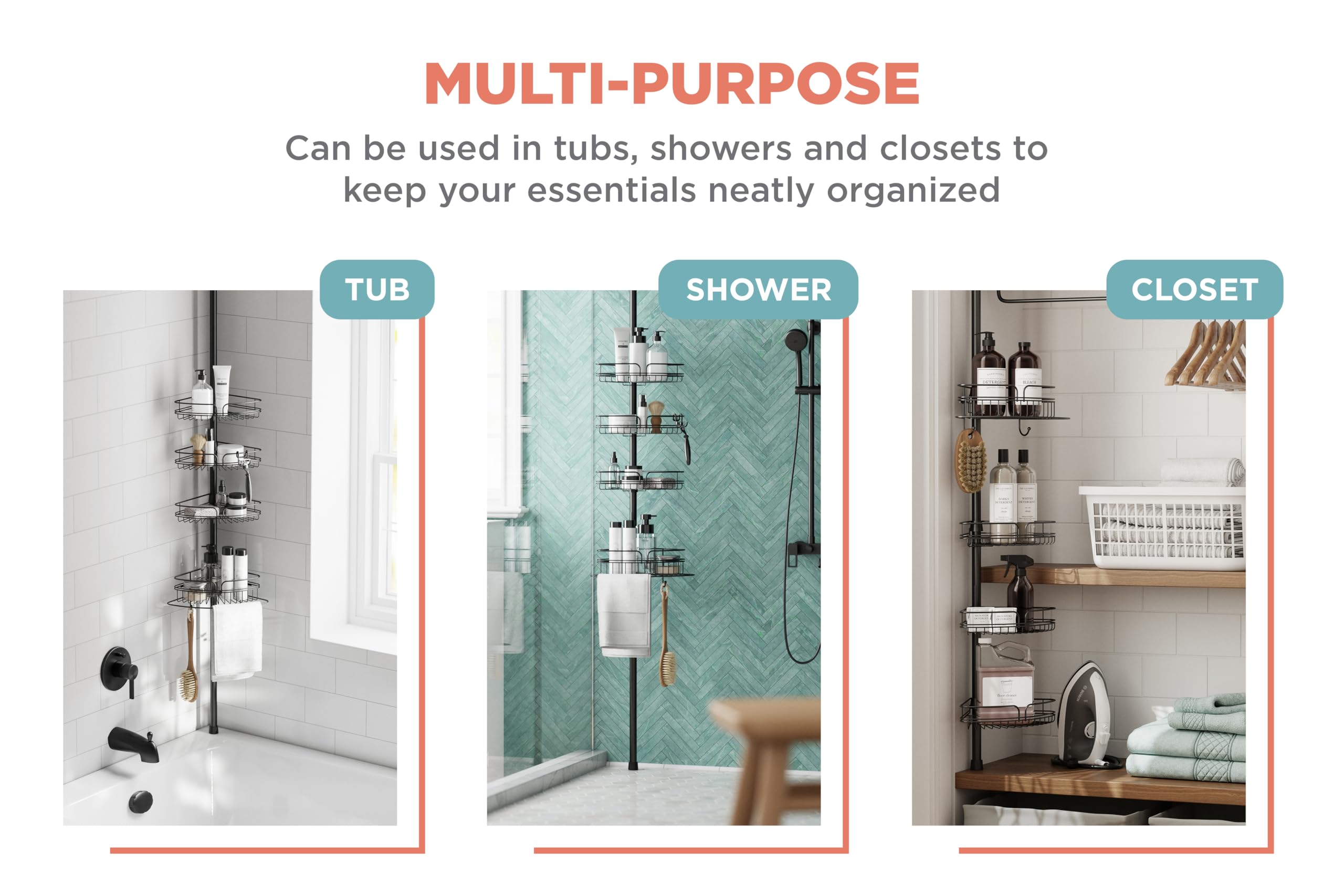 Zenna Home Adjustable Tension Pole Shower Caddy - 4-Tier Corner Shower Storage System with Built-in Towel Bar | Space-Saving Bathroom Organizer (60-97 Inches, Matte Black) | Perfect for Small Bathrooms, Apartments & Dorm Showers