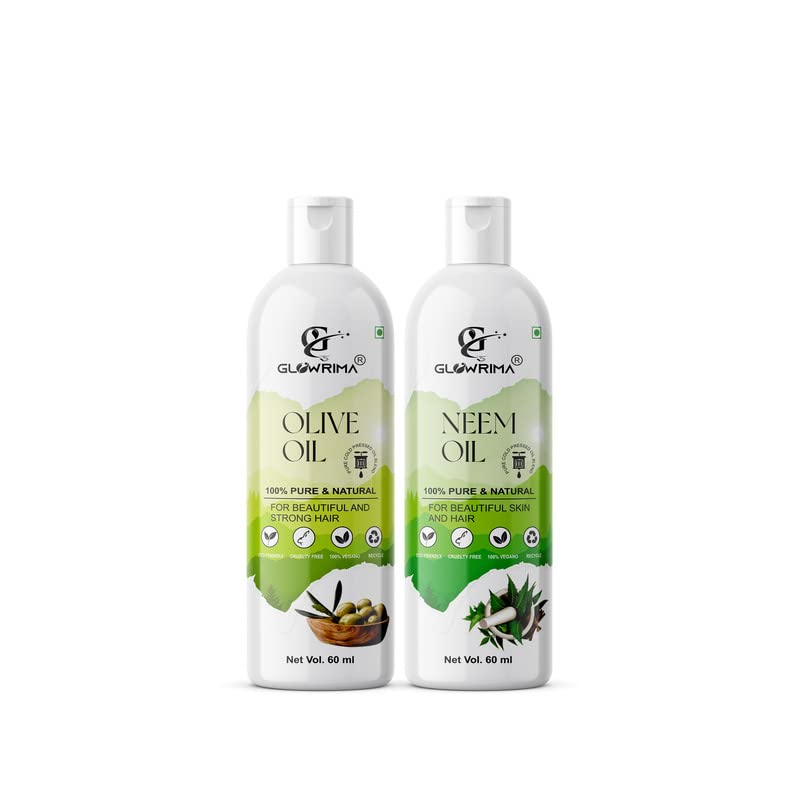 Glowrima 100% Pure Olive Oil & Neem Oil Combo (60ML Each) - Promotes Hair Growth, Reduces Hair Fall, Repairs Split Ends for Soft & Shiny Hair - Natural Hair Care Treatment for Men & Women - Perfect for Daily Hair Nourishment & Scalp Massage