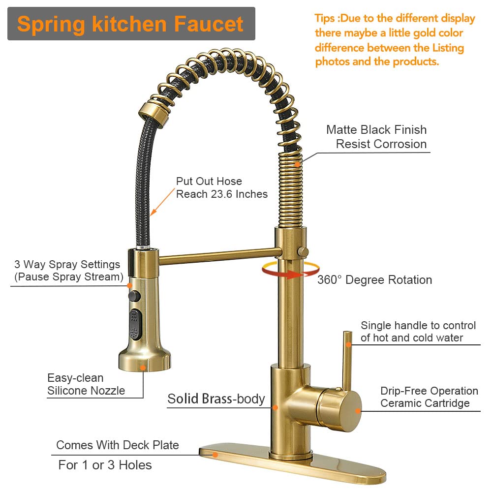 Hoimpro Brushed Gold Kitchen Faucet with Pull Down Sprayer - for Home & RV Use