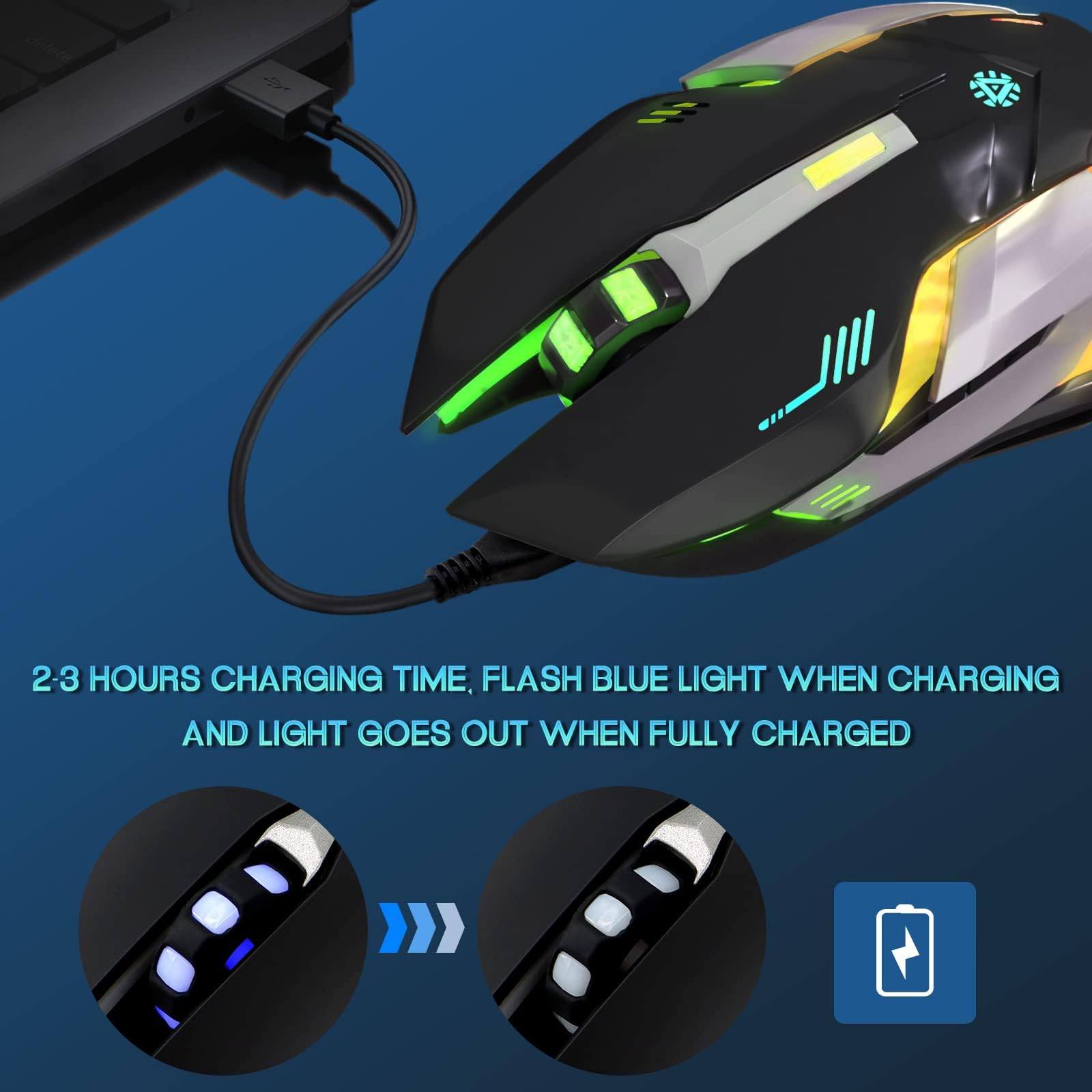 VEGCOO C8 Wireless Gaming Mouse - Silent Click Rechargeable Mouse with RGB LED Lights, 3 Adjustable DPI (800/1600/2400), 400mAh Battery for PC, Laptop, Mac - Perfect for Gaming, Office Work & Home Use (Black)