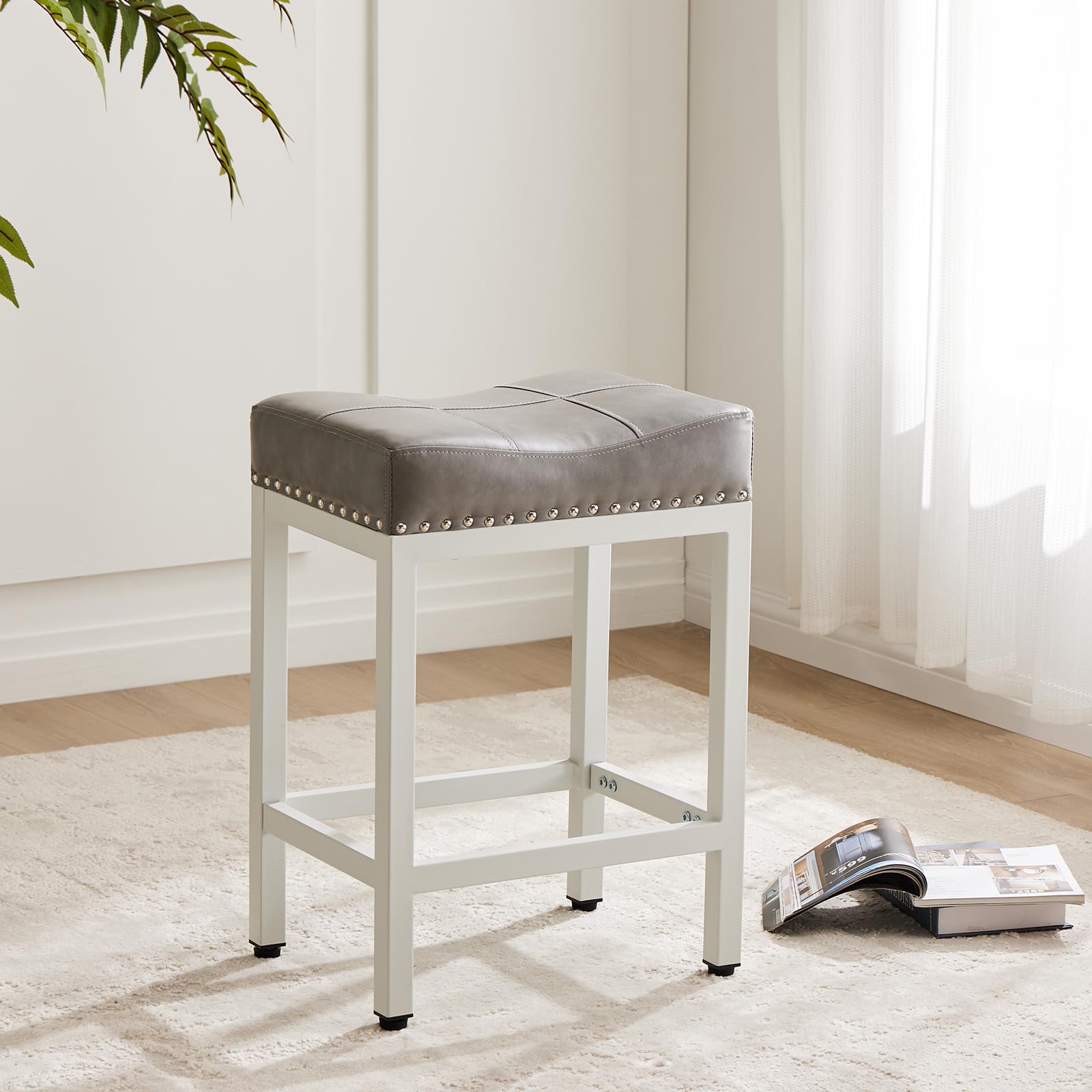 DUMOS 24 Inch Counter Height Bar Stools Set of 2 - Modern Upholstered Kitchen Island Stools with PU Leather Seat & Sturdy Metal Base, Grey - Perfect for Breakfast Bars, Kitchen Islands & Home Decor