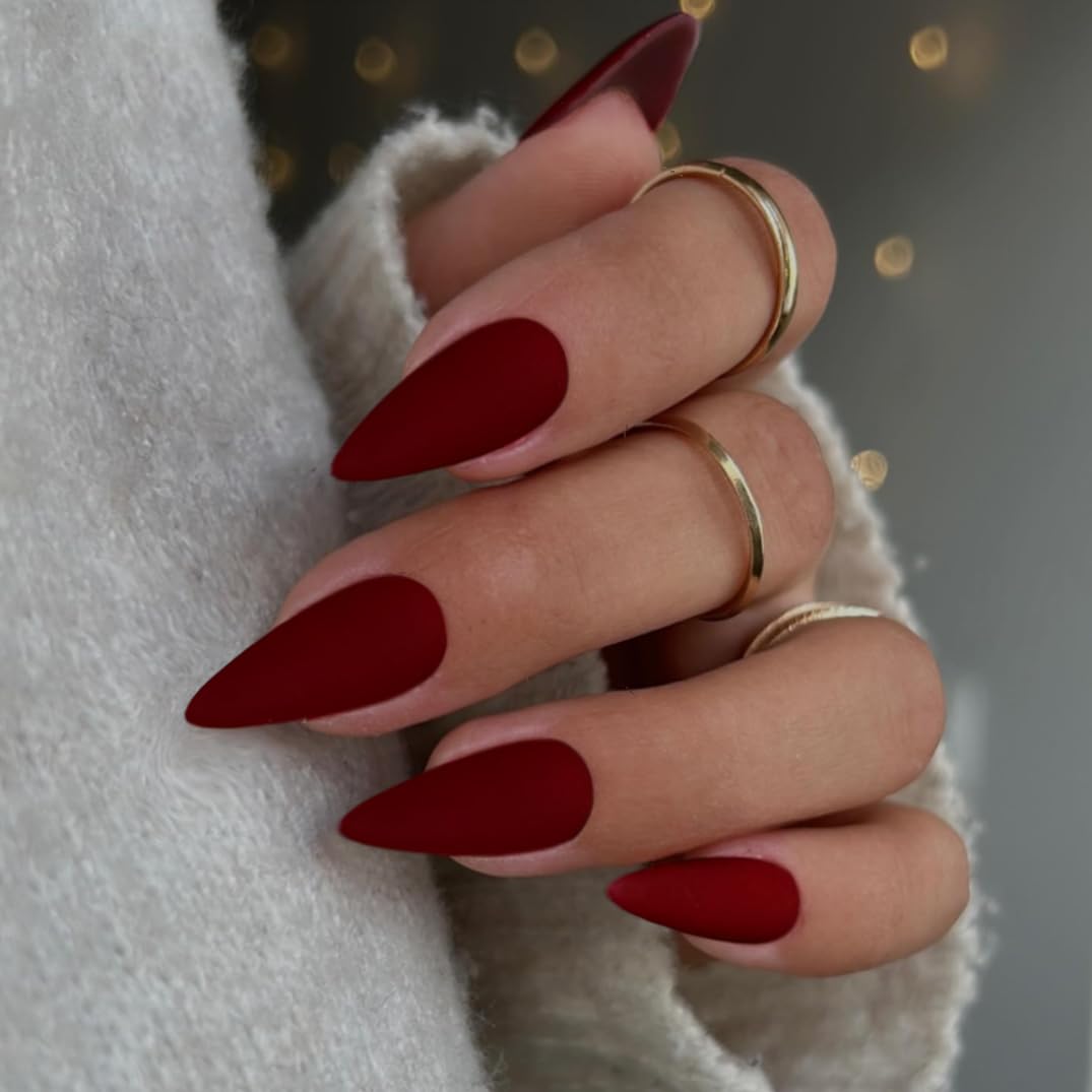 48Pcs Matte Red Press on Nails - Medium Almond Shaped Reusable Fake Nails for Women | Acrylic Glue on Nails with Neutral Design | Perfect for Parties, Weddings & Daily Wear