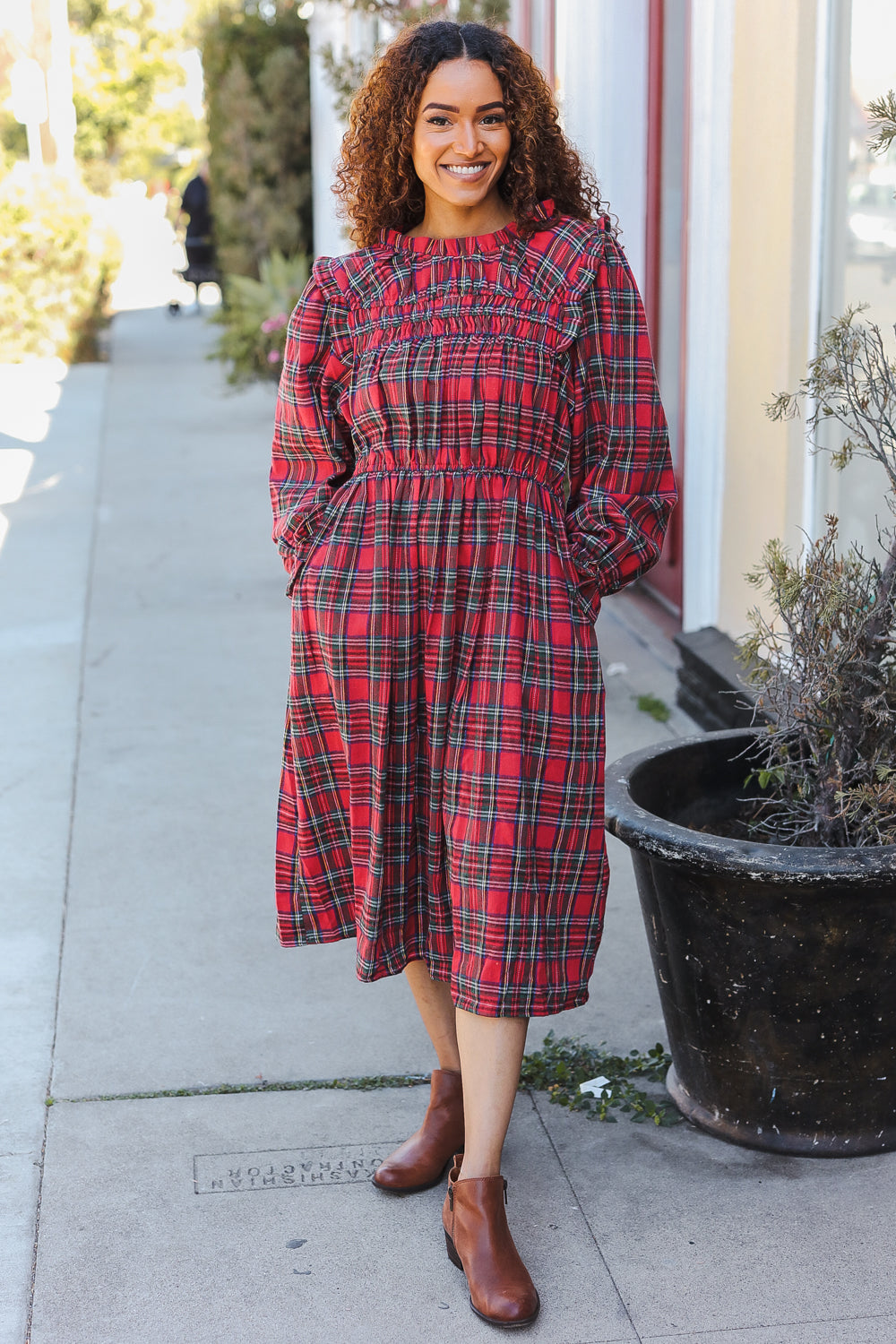 Hunter Red Plaid Check Woven Pocketed Dress for Women | Casual & Party Wear | Perfect for Fall, Winter & Holiday Outfits