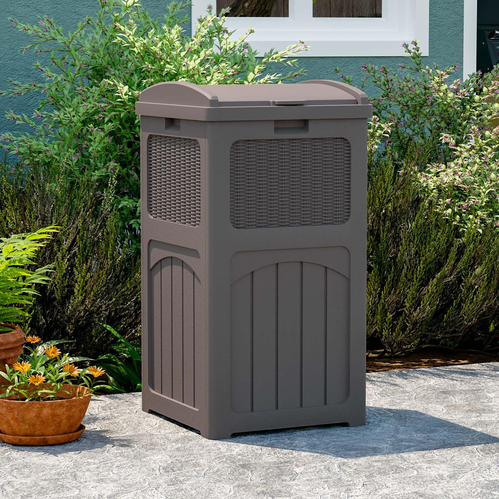 **Patiowell 36 Gallon Outdoor Trash Can with Lid - Heavy Duty Resin Garbage Bin for Patio, Backyard, Deck - Weatherproof & Durable - Dark Brown - Perfect for Outdoor Waste Management**    (Note: 