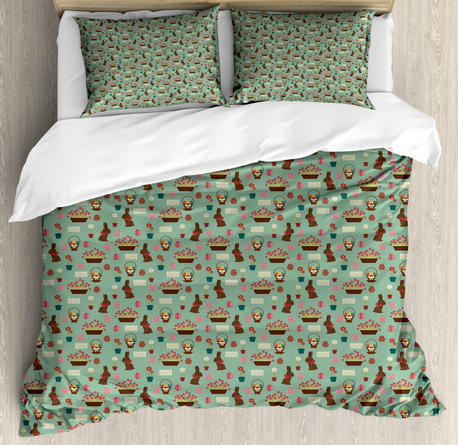 Ambesonne Easter Duvet Cover Set - Queen Size 2-Pack with 2 Duvet Covers & 4 Pillowcases, Chocolate Bunny Floral Pattern in Laurel Green Multicolor - Perfect for Spring Bedroom Decor, Holiday Guest Room, and Easter Themed Home Styling