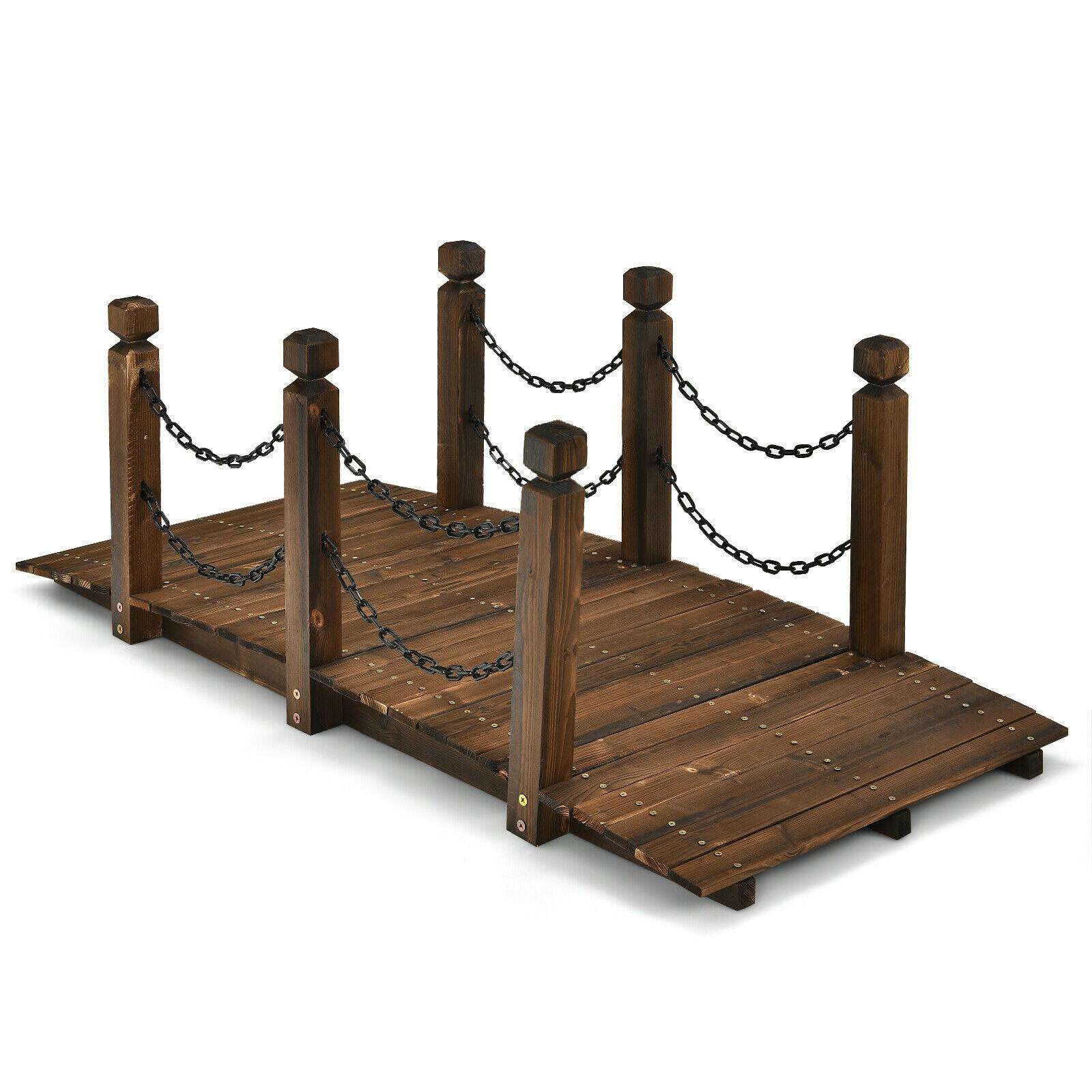 5 ft Wooden Garden Bridge with Rails - Stained Finish Arc Footbridge for Walkway | Outdoor Patio, Backyard, and Garden Decor | Perfect for Landscaping, Pond Crossings, and Rustic Themed Gardens
