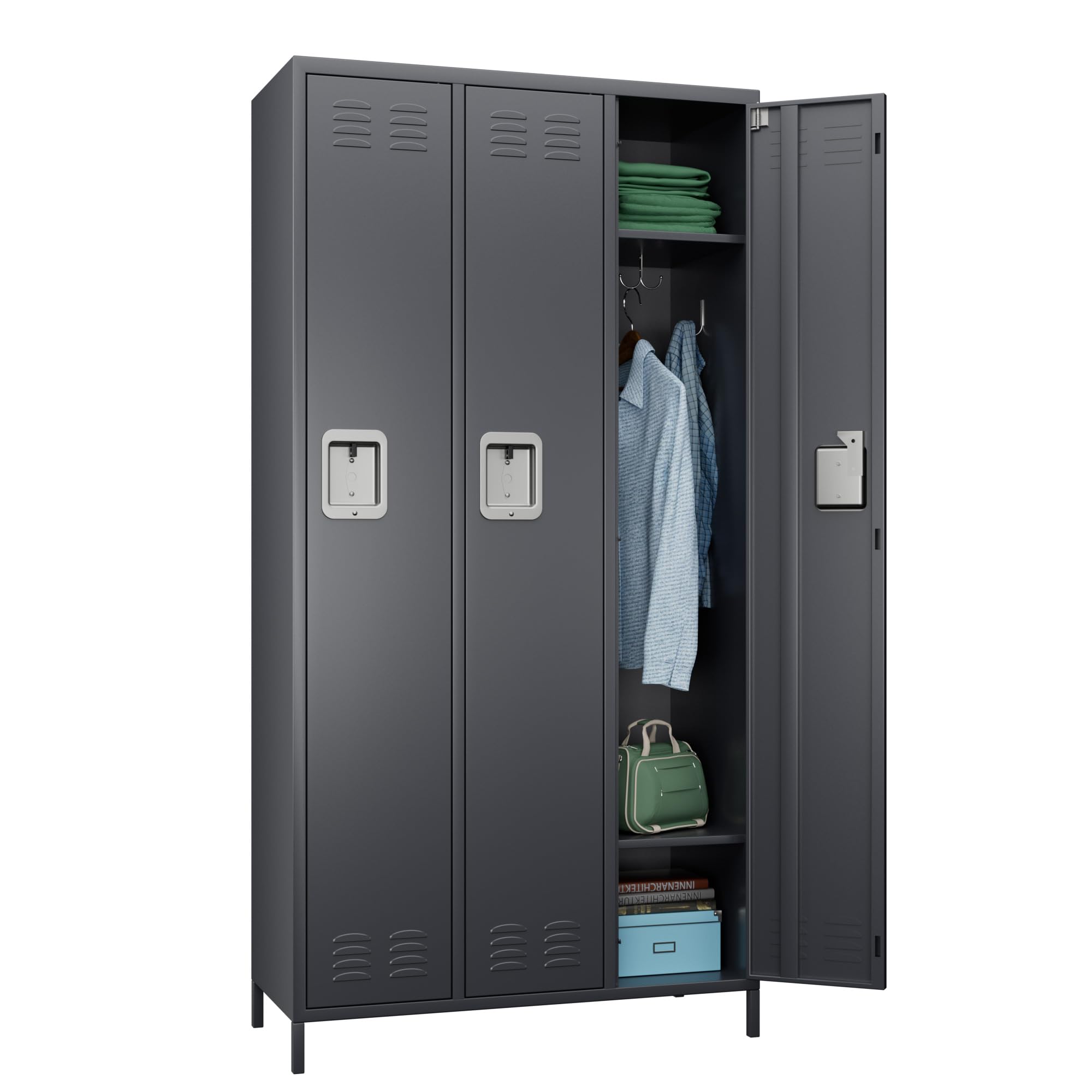 3-Door Metal Lockers for Employees - Heavy Duty Steel Storage with 9 Hooks - Perfect for Offices, Schools, Gyms & Home Use - Easy Assembly Required - Dark Gray Finish - Ideal for Secure Personal Belongings Storage