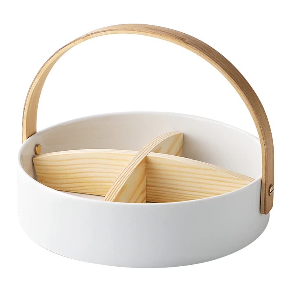 IMIKEYA White Ceramic Divided Serving Tray with Wood Handle - Perfect for Candy, Fruit Snacks, Appetizers & Food Storage | Elegant Party Platter for Entertaining, Picnics & Kitchen Organization