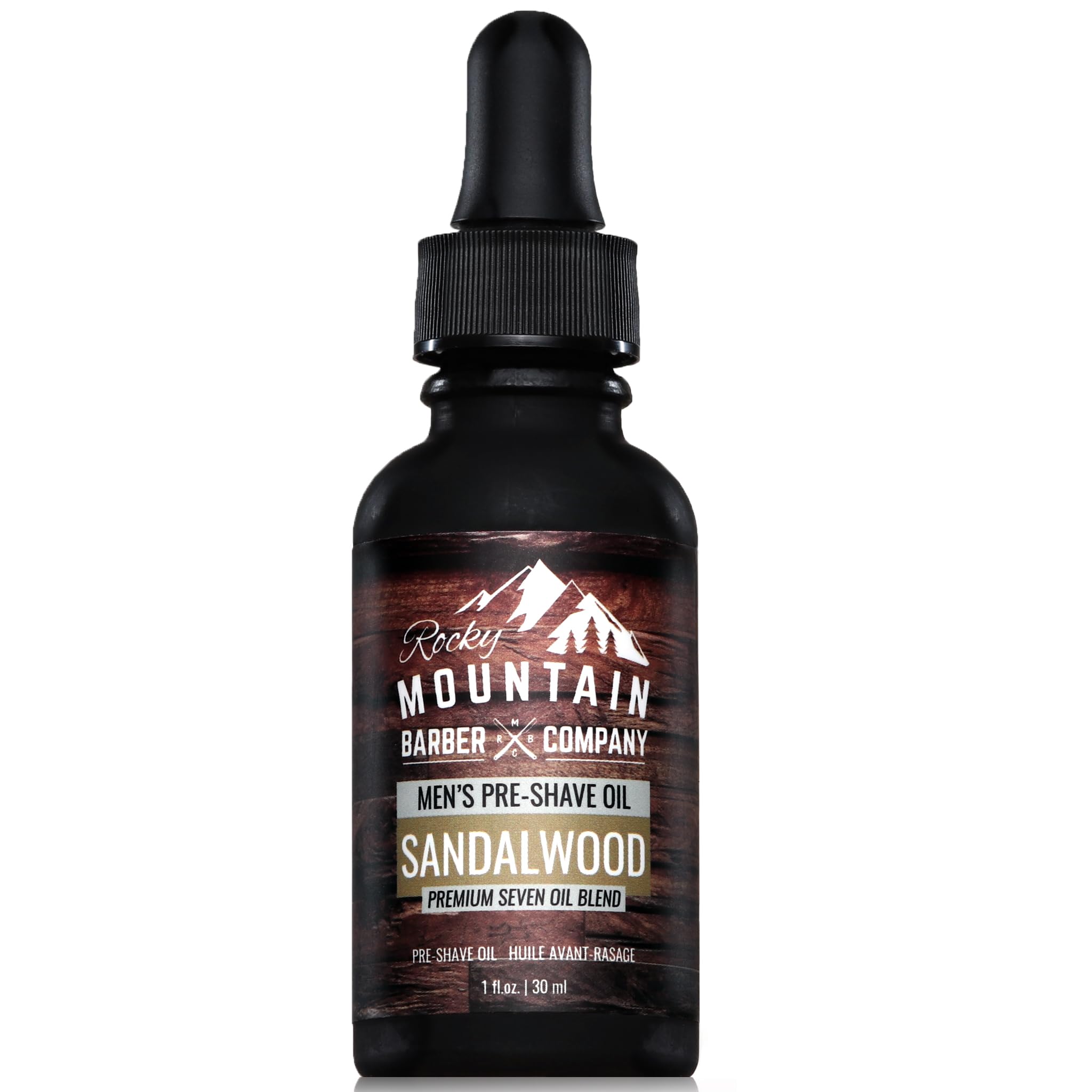 Rocky Mountain Barber Pre-Shave Oil with Sandalwood, Jojoba & Argan Oil - 7 Oil Blend for Smooth Shaving - 1 fl oz - Perfect for Men's Wet Shaving & Beard Care Routine