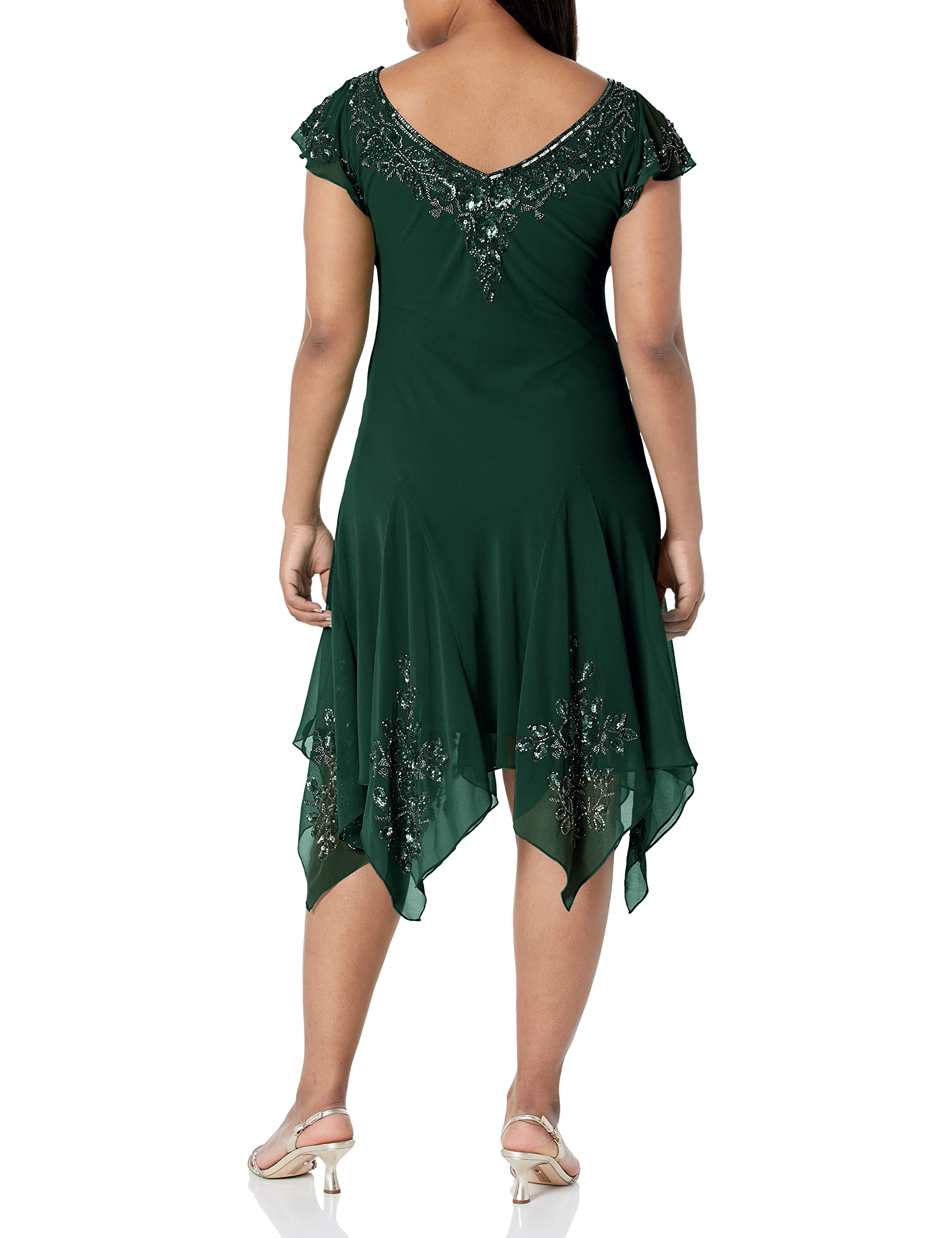 J Kara Women's Plus Size Petite Flutter Sleeve Hanky Hem Cocktail Beaded Dress - Elegant Party Wear for Weddings, Evening Events & Special Occasions
