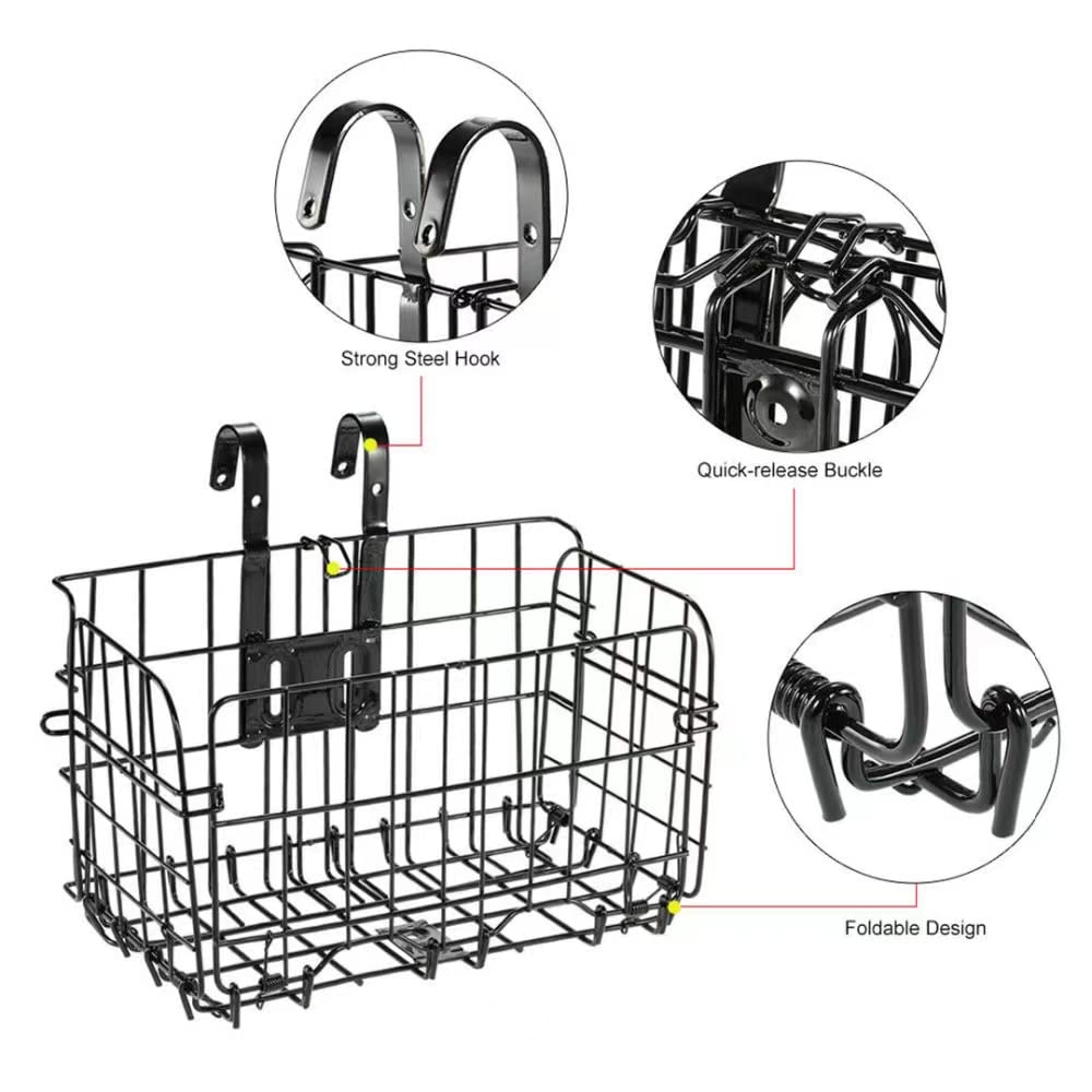 Foldable Metal Bike Basket - Front Handlebar & Rear Seat Frame Hanging Storage Basket with Detachable Bag | Perfect for Shopping, Commuting, Mountain Bikes & Outdoor Cycling Accessories | Great for Groceries, Picnics & Daily Rides