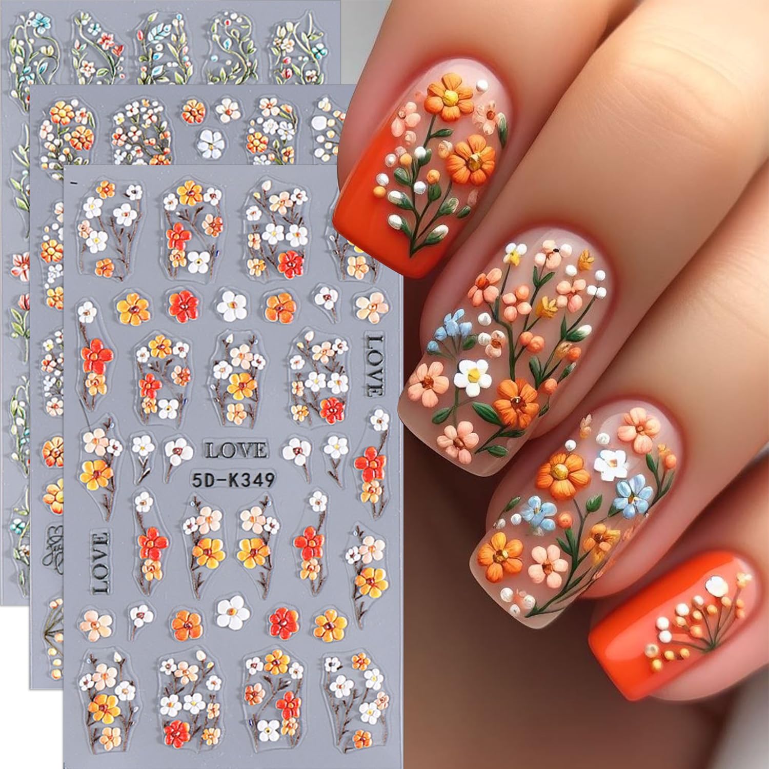 5D Floral Nail Stickers for Women - Spring Flower Nail Art Decals with Embossed Design | Self-Adhesive White, Orange, Red & Blue DIY Nail Charms | Perfect for Nail Salon, Home Manicure, Party & Wedding Nail Art Accessories
