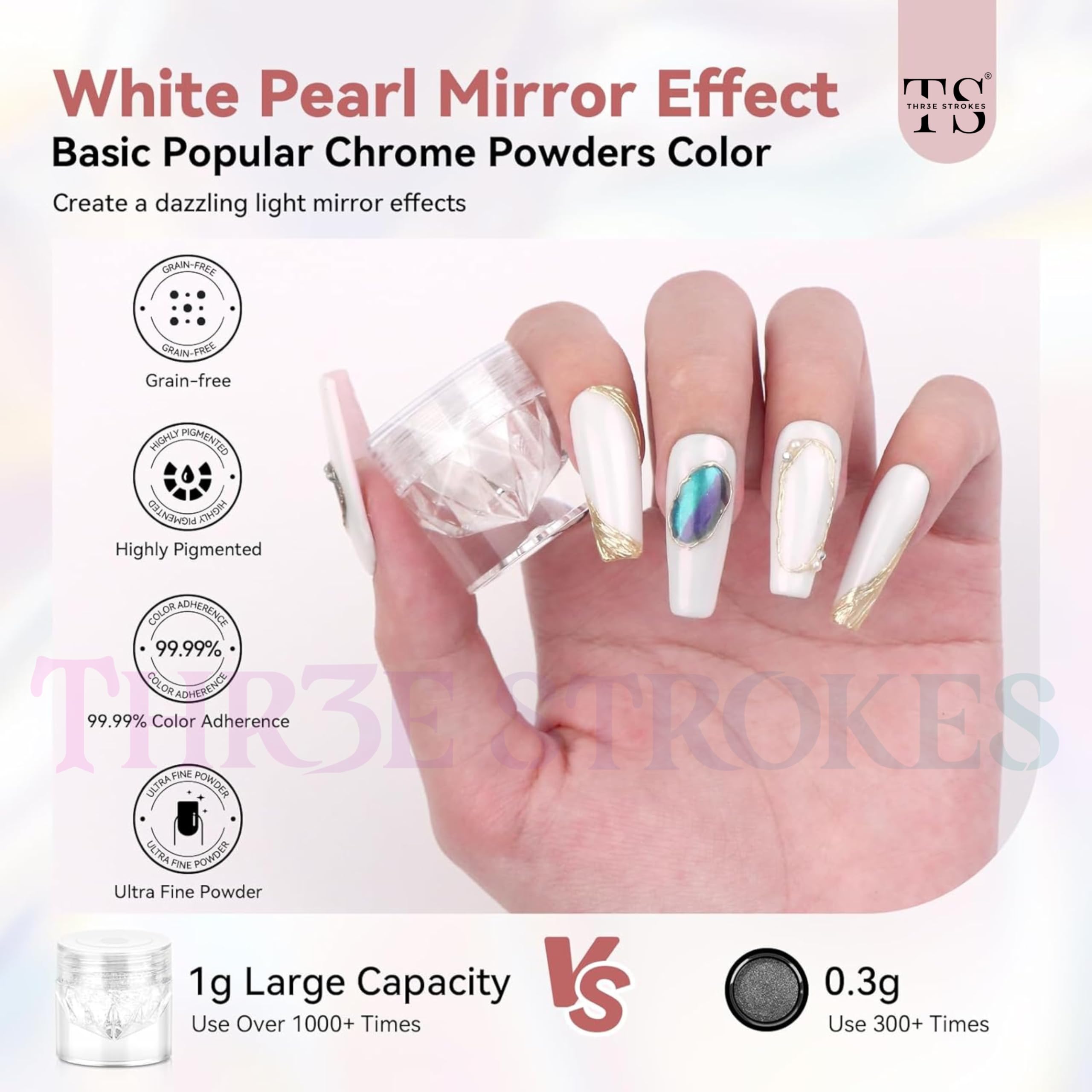 THR3E STROKES White Pearl Chrome Nail Powder - 1g Mirror Effect Metallic Nail Art Powder for Gel Polish, Mermaid Chrome Glitter Dust Kit (WHITE PEARL) | Perfect for Salon Manicures, DIY Nail Art & Special Occasion Nail Designs