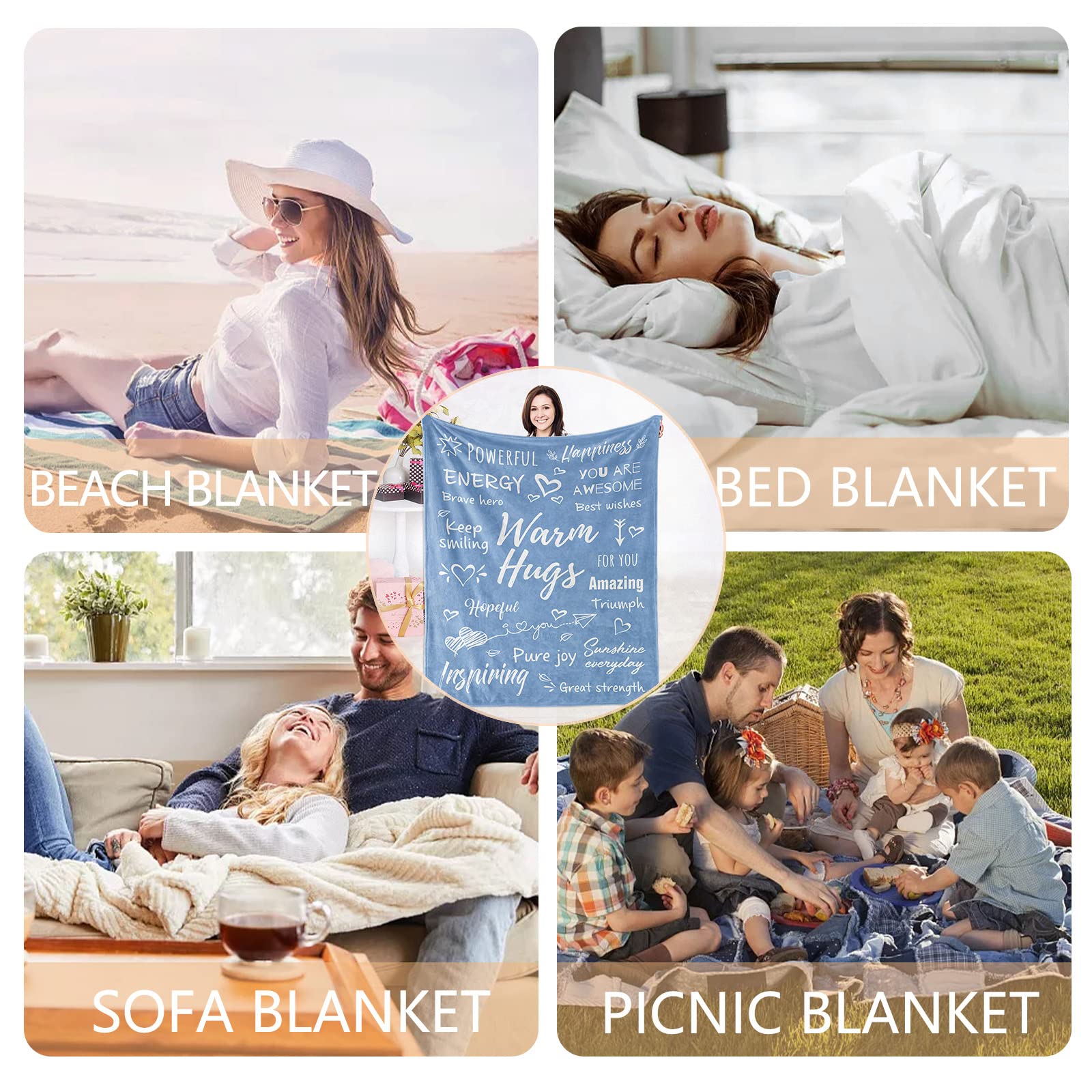 Get Well Soon Gifts for Women & Men - Inspirational Warm Hugs Throw Blanket (50x60 Inches, Blue) | Perfect for Hospital Recovery, Chemotherapy Comfort & Cozy Home Use