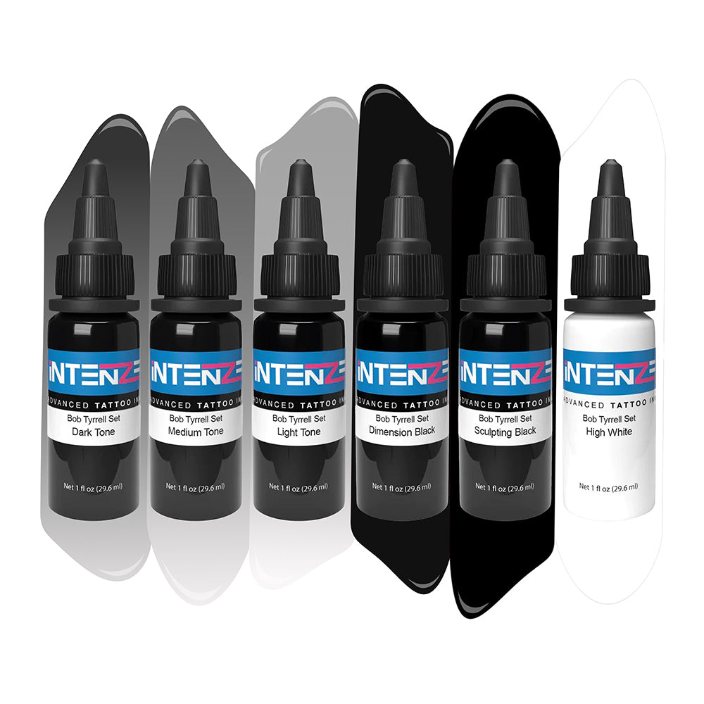 Bob Tyrrell Advanced Black and Gray Tattoo Ink Set — Professional Intenze Tattoo Ink for Artists — 6 Bottles (0.5oz Each) — Perfect for Realism, Portraits & Shading Work