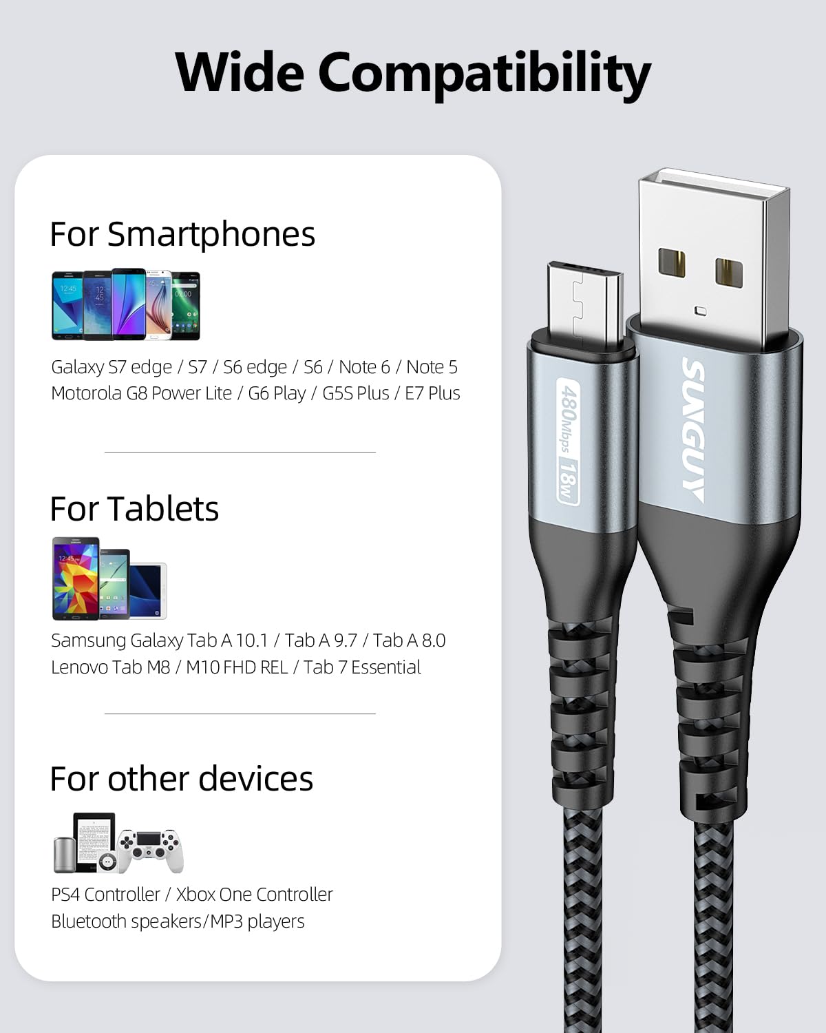 SUNGUY 3-Pack 2FT Micro USB Cable - Fast Charging & High-Speed Data Transfer USB 2.0 Cord with Durable Nylon Braiding - Compatible with Samsung Galaxy S7/S6, Android Phones, Power Banks, PS4 Controllers - Perfect for Home, Office & Travel Charging Needs