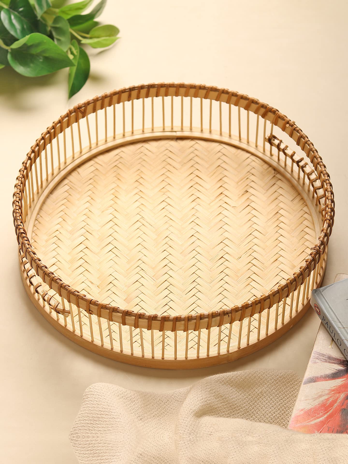 Habere India Handcrafted Bamboo Serving Tray - Decorative Round Tea Tray for Home Decor, Dining & Hospitality (25x4cm, Beige) | Perfect for Coffee Table, Gift Giving & Indian Cultural Events
