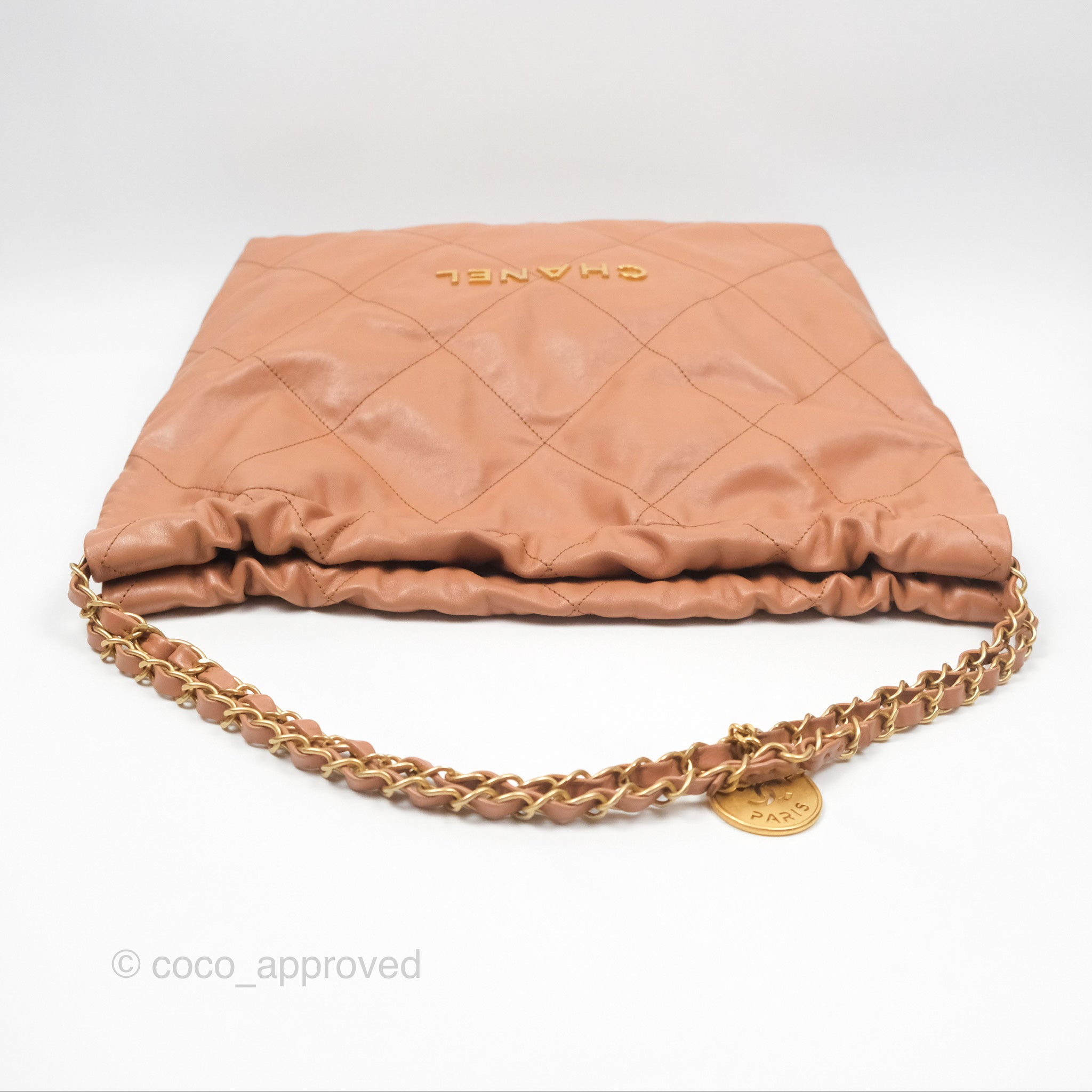 Chanel 22 Medium Handbag in Caramel Beige Shiny Calfskin Leather with Aged Gold Hardware - Luxury Shoulder Bag for Women, Perfect for Work, Date Night & Special Occasions