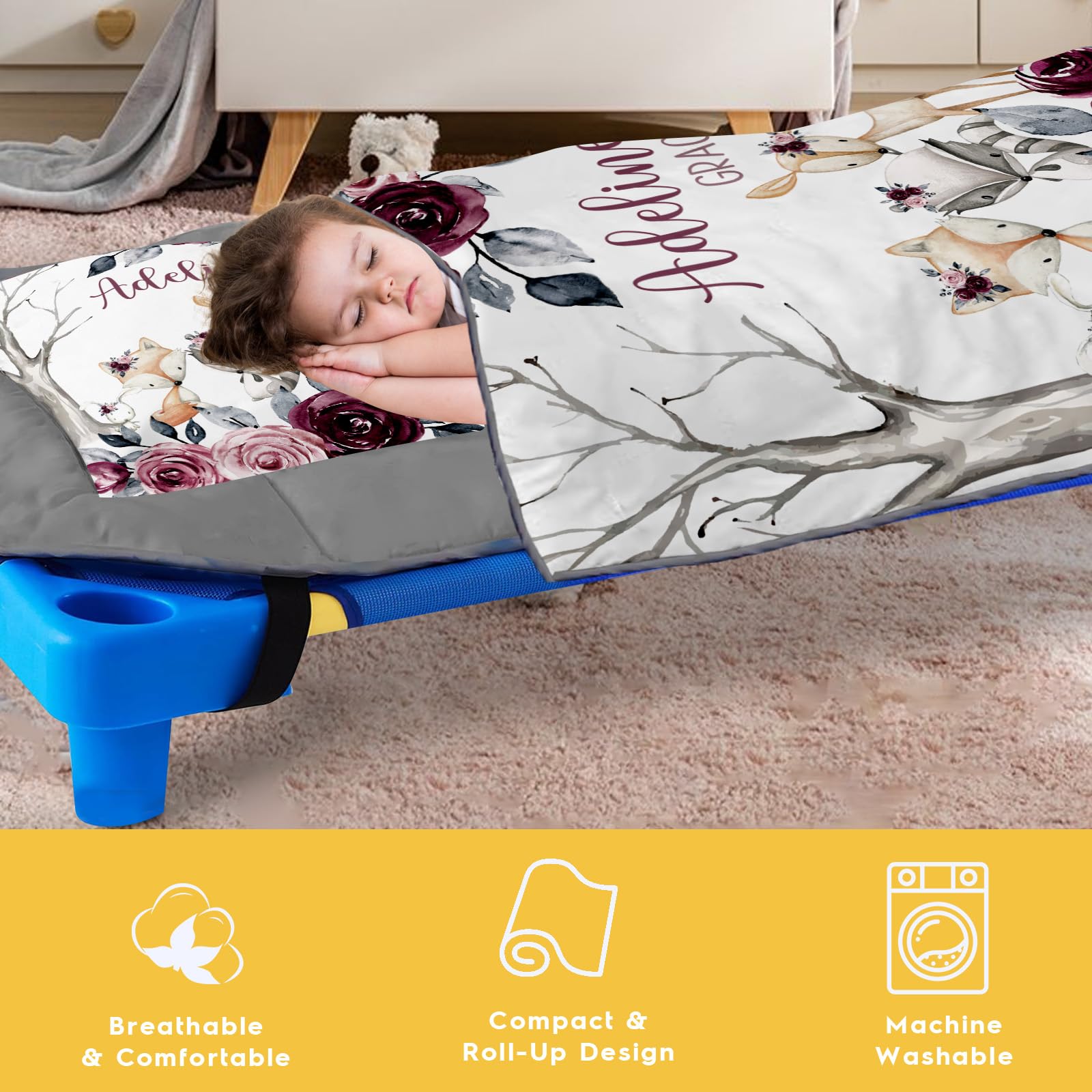 Personalized Kids Nap Mat with Flannel Blanket & Removable Pillow - Custom Toddler Sleeping Bag for Daycare & Preschool - Animal Print Roll-Up Mat for Boys & Girls - Perfect for Naptime, Travel & Sleepovers