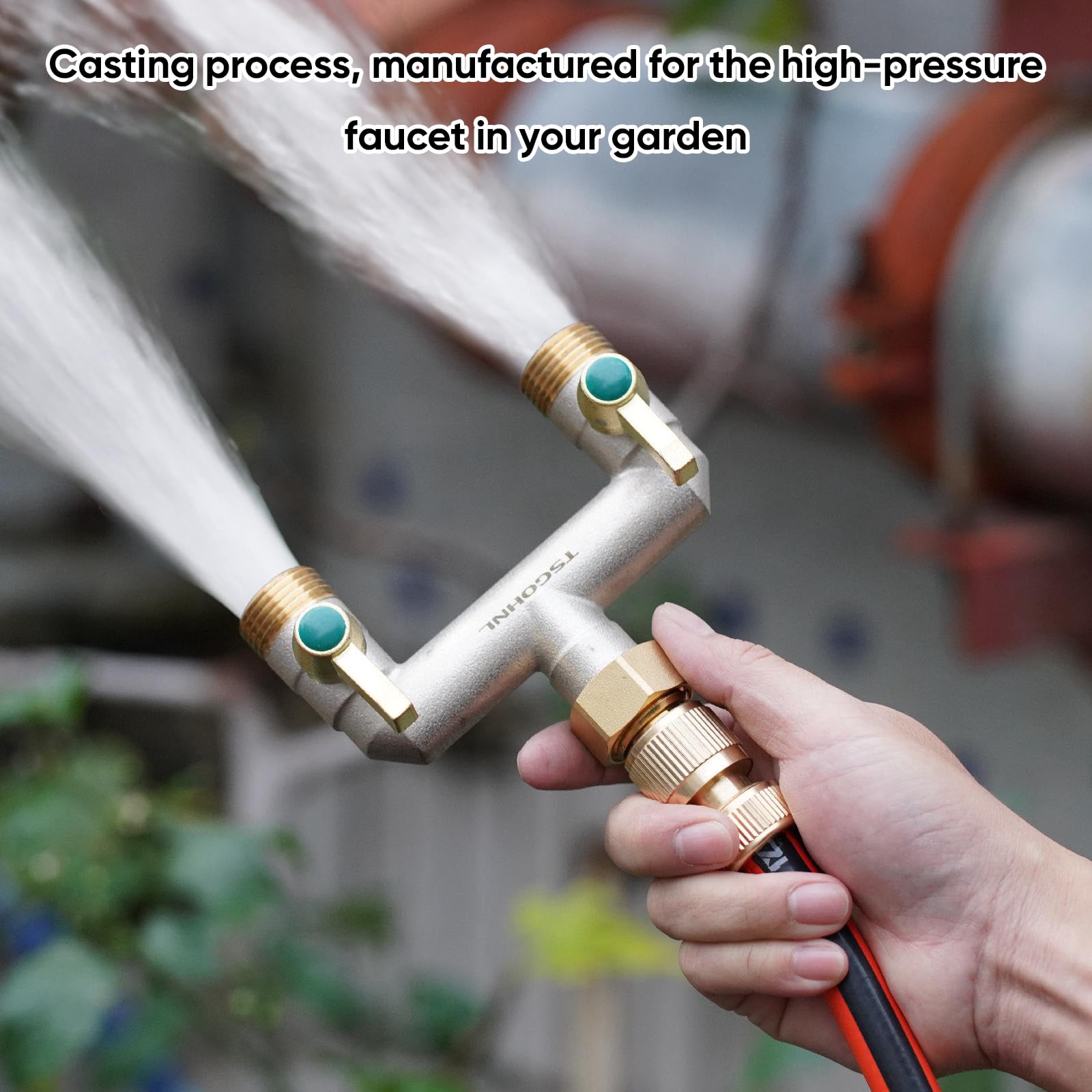 Heavy Duty Brass Garden Hose Splitter - 2-Way Faucet Splitter with Extended Metal Handles, 3/4-Inch GHT Hex Female Inlet & Male Outlet, Nickel Plated - Perfect for Outdoor Watering, Lawn Care & Garden Irrigation