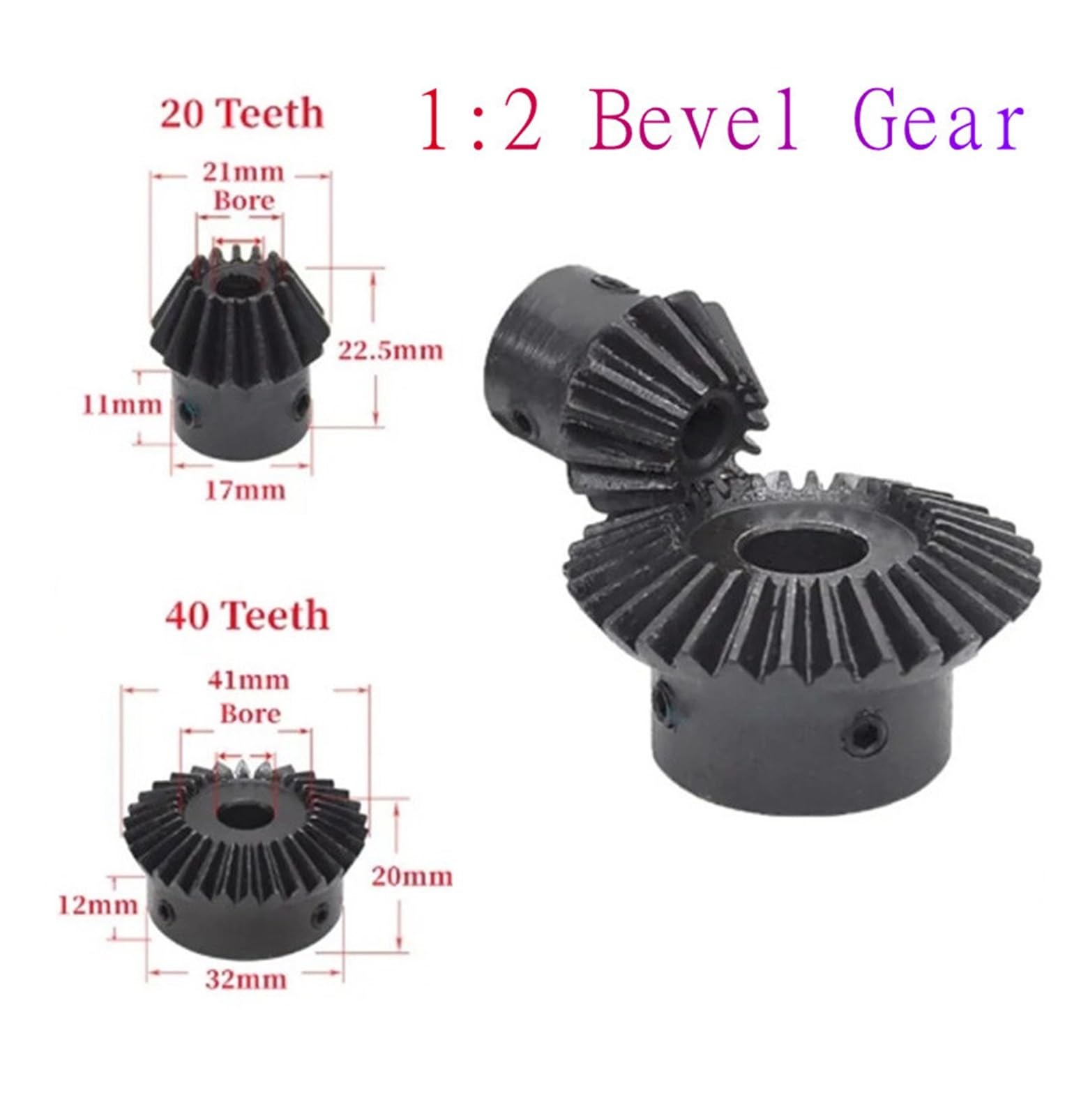 Industrial Helical Bevel Gear 1:2 Ratio, 1 Modulus 20T:40T, 90° Transmission, 6mm/8mm/10mm/12mm Bore (40T 10mm Bore) - Perfect for Robotics, CNC Machines & Power Transmission Systems